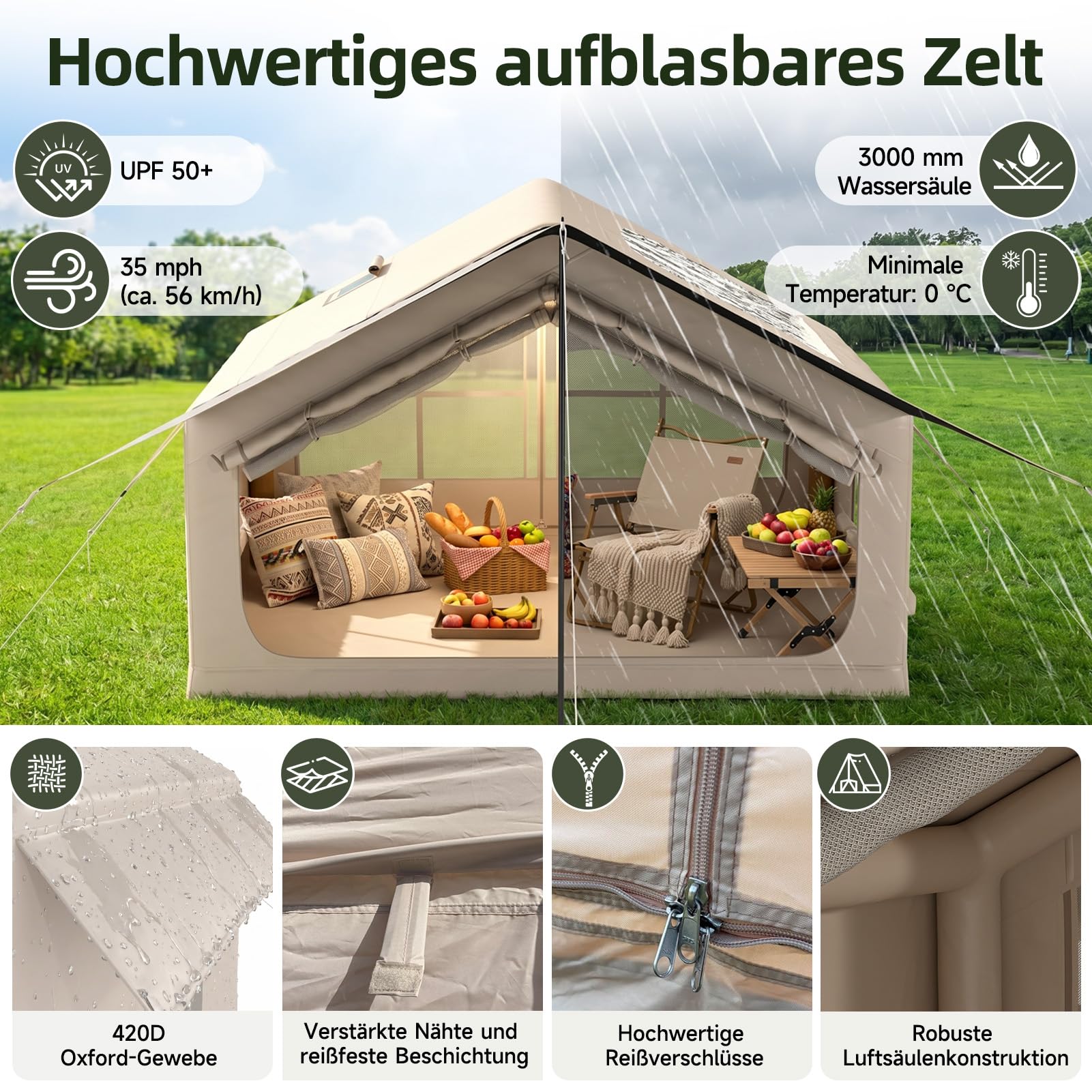 HAUSPROFI Aufblasbares Zelt für 2-4 Personen, Campingzelt mit Dachfenster & Kaminöffnung & Luftpumpe, Outdoor Zelt aus Wasserdichtem Oxford-Stoff, Schneller Aufbau