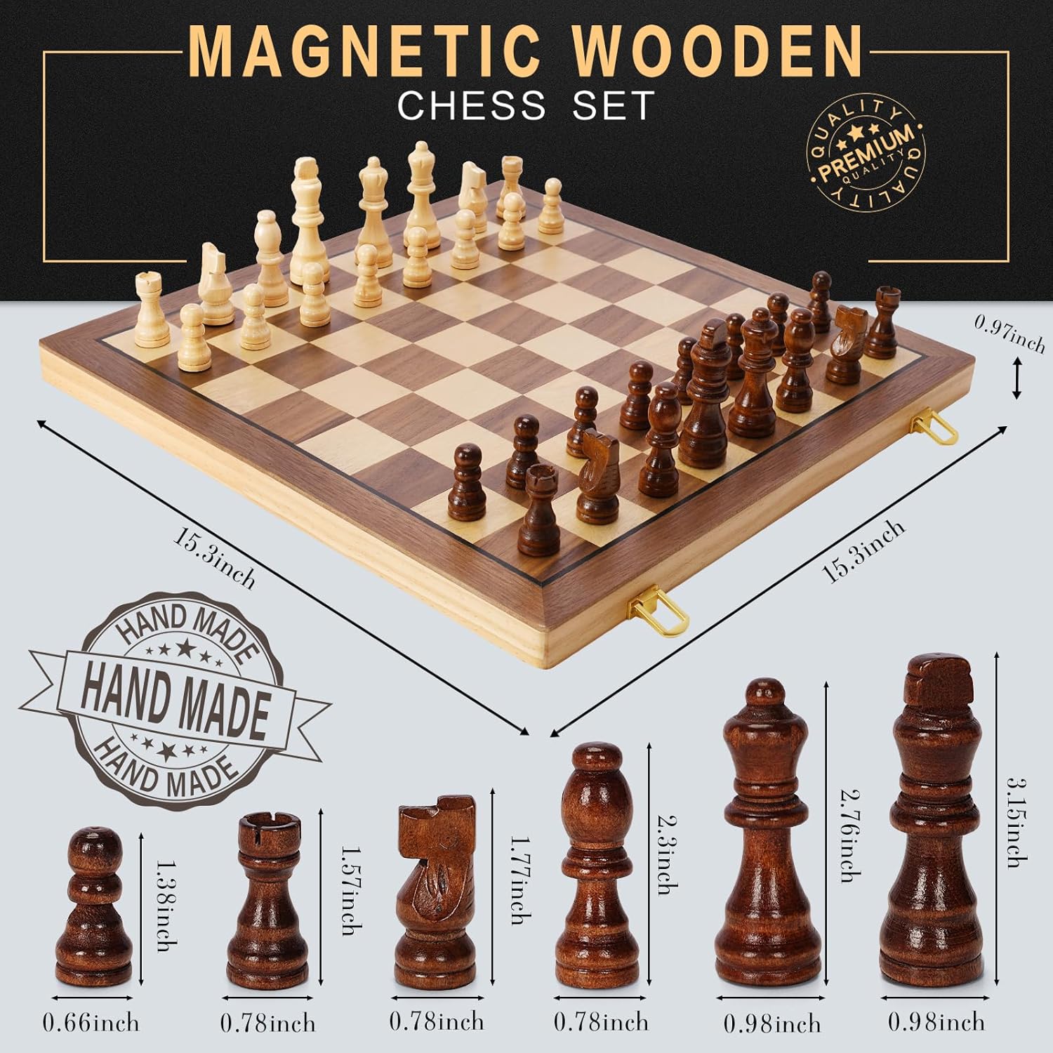 Magnetic Wooden Chess Set for Adults Kids, 15" Folding Chess Boards with 2 Extra Queens, Portable Travel Chess Sets with Pieces Storage Slots, Beginner Chess Game Set for Kids, Adults