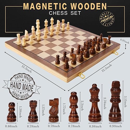 Miniatura 5 de Juego de ajedrez magnético de madera para adultos y niños, tableros de ajedrez plegables de 15 pulgadas con 2 reinas adicionales, juegos de ajedrez