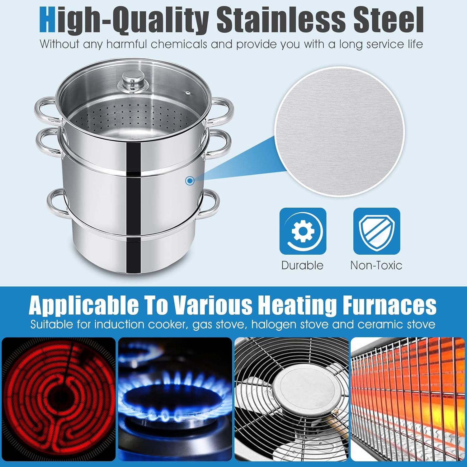 Nightcore 11 Quart Steam Juicer, Fruit Vegetables Steamer Cookware with Tempered Glass Lid, Silicone Hose, Clamp, Loop Handles, Stainless Steel Steam Juice Extractor for Canning for Juice Jelly Pasta