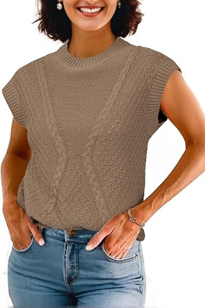 Arach Cloz Womens Spring Sweater Vest 2025 Cap Sleeve Crew Neck Casual Tops Cable Knit Crochet Loose Fit