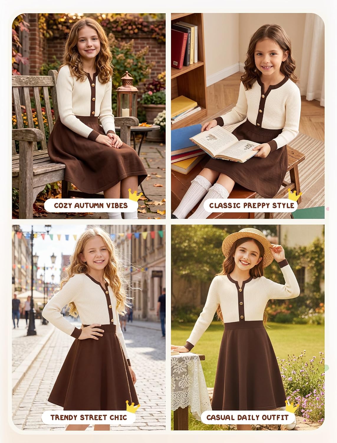 HOZIY Girls Fall Sweater Dress V Neck Knit Button A Line Contrast School Casual Holiday Winter Long Sleeve Dresses 6-14Y