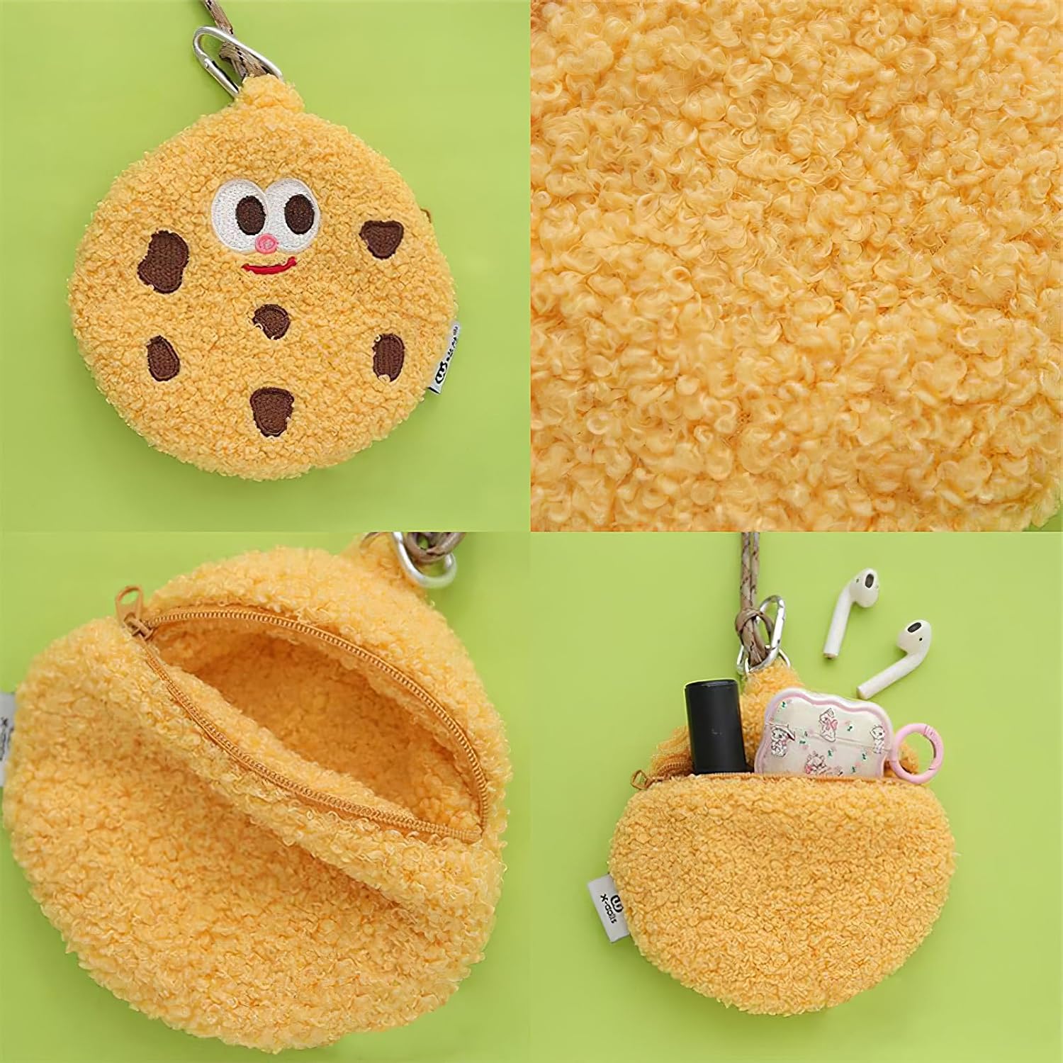 Cute Plush Cookie Coin Purse for Women with Neck Strap Yellow image 3