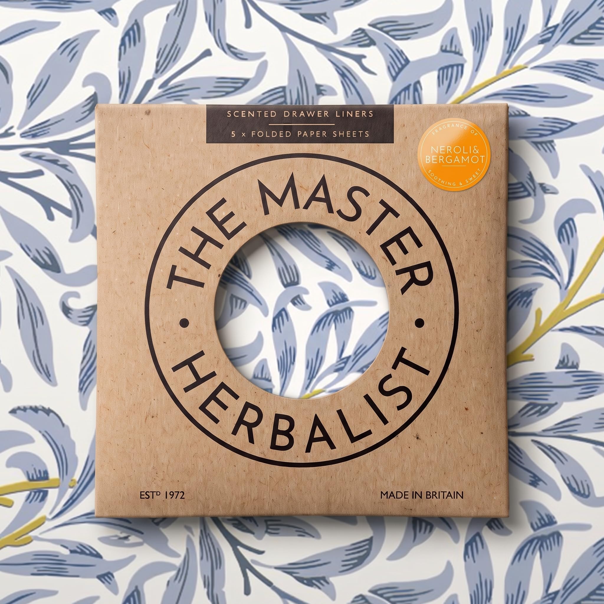 The Master Herbalist Neroli & Bergamot Scented Drawer Liners in a Blue William Morris Design (Folded) | Pack of 5 Sheets | Contains Essential Oils | Made in The UK.