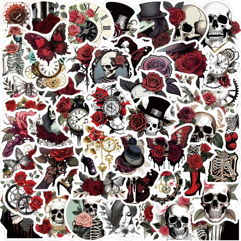 Kaensc Horror Rose Skull Decals 50Pcs For Teens Kids Adults,Cool Punk Goth Rose Waterproof Aesthetic Decals For Water Bottle Luggage Laptop Scrapbook Bike Skateboard Phone Notebook Journal Guitar Helmet