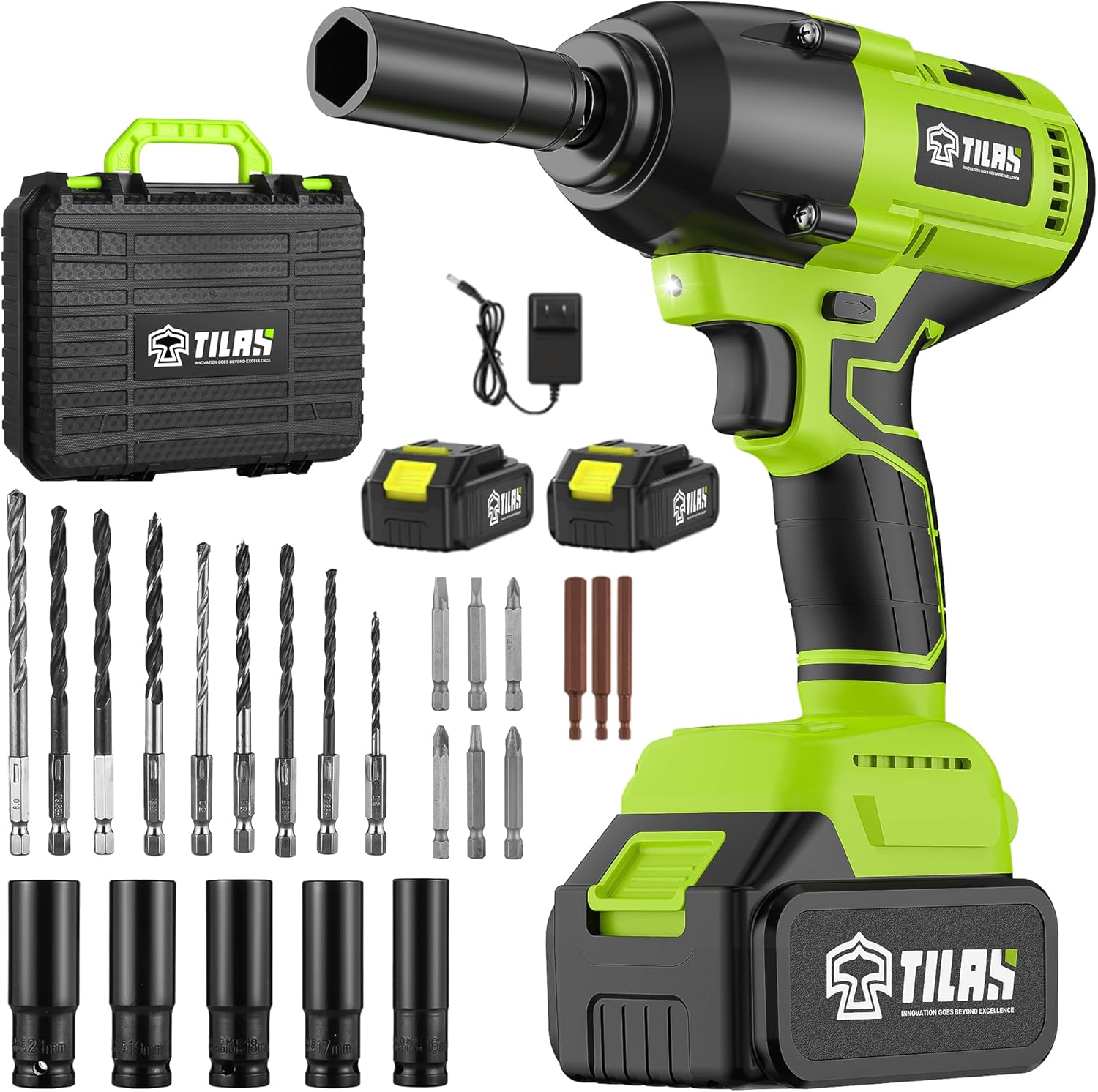 Cordless Impact Wrench 560Ft-lbs(750N.m) 1/2 inch High Torque 21V 2x 4.0Ah Battery Electric Power Impact Gun Brushless Motor 2300RPM Speed Fast Charger 5 Sockets for Car Lug Nuts