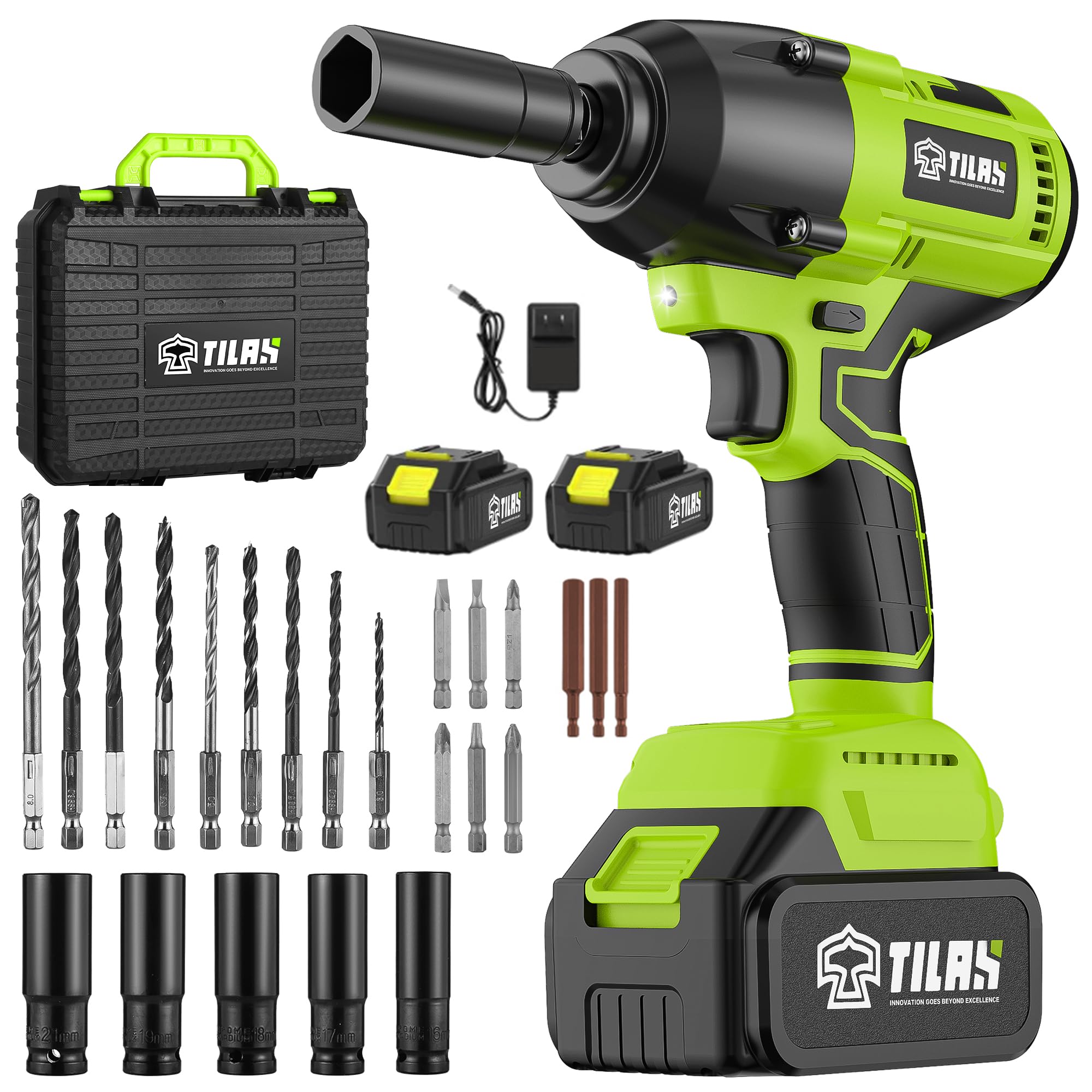 TILAX Cordless Impact Wrench 560Ft-lbs(750N.m) 1/2 inch High Torque 21V 2x 4.0Ah Battery Electric Power Impact Gun Brushless Motor 2300RPM Speed Fast