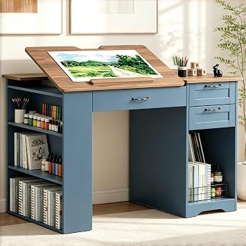 Drafting Table with Storage Cabinet & Drawers, Adjustable Drawing Desk with Open Shelves, Craft Table Painting Desk for Artists, Painters, Drawing, Crafting, Reading, Writing, Working Blue