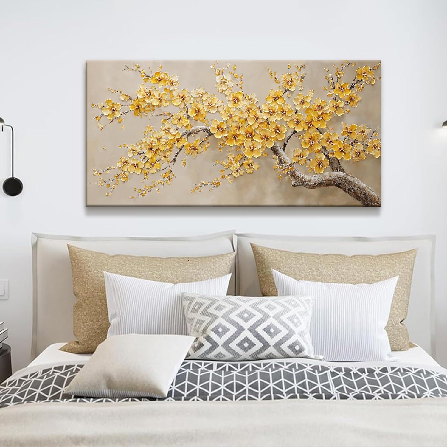 Modern Tree Of Life Wall Art Golden Yellow Flowers Wall Art Decor Canvas Prints Wall Pictures For Living Room Kitchen Bedroom Bathroom Office Apartment Decor 20x40 Inch