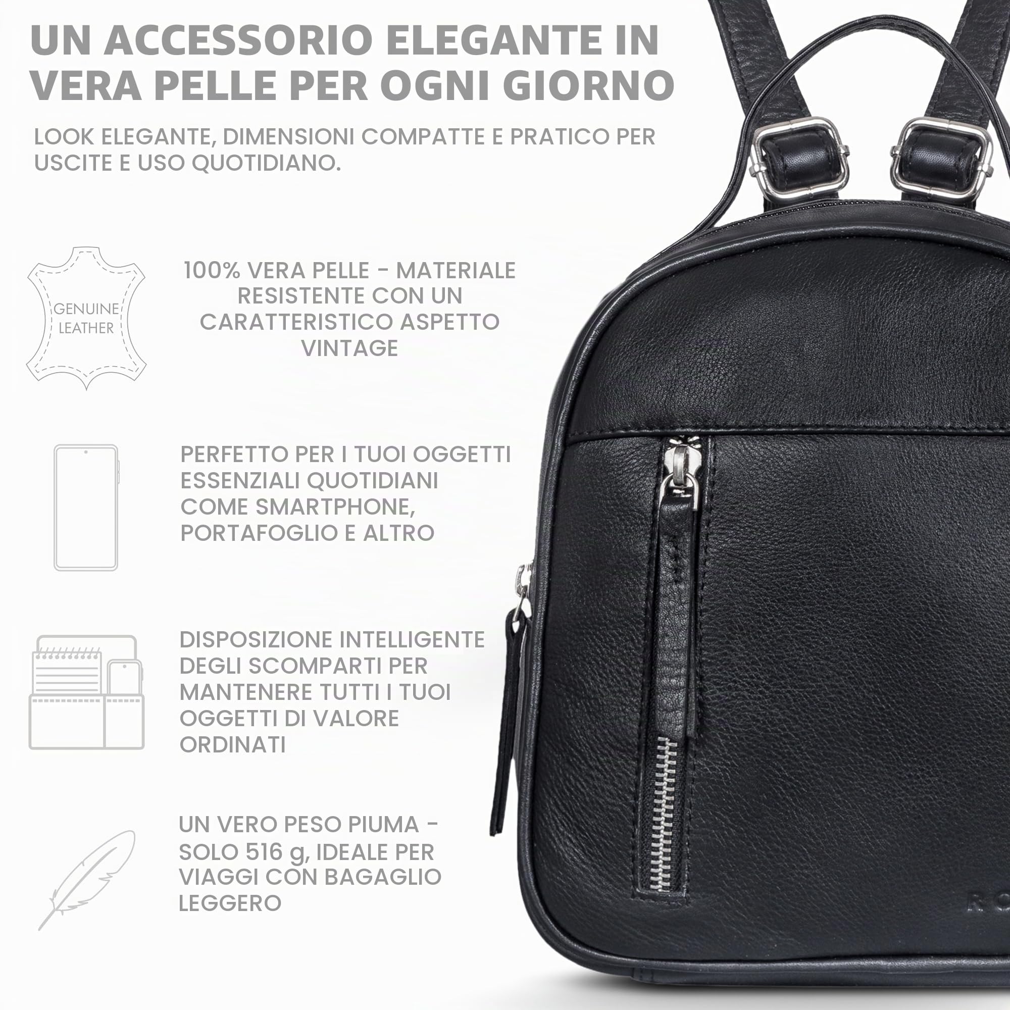 ROYALZ 'Olympia' Piccolo Zaino da Giorno Donna Vera Pelle - Elegante XS Daypack Vintage Zainetto Backpack Casual Pratico Zaini da Viaggio in Cuoio Autentico