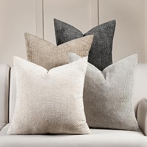 Volcanics Boho Throw Pillow Covers 18x18 Inch Set of 4, Neutral Chenille Decorative Cushion Covers for Couch, Sofa, Bedroom, Living Room, Farmhouse & Mid-Century Modern Home Decor