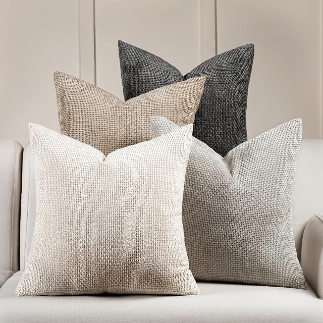 Volcanics Boho Throw Pillow Covers 18x18 Inch Set of 4, Neutral Chenille Decorative Cushion Covers for Couch, Sofa, Bedroom, Living Room, Farmhouse & Mid-Century Modern Home Decor