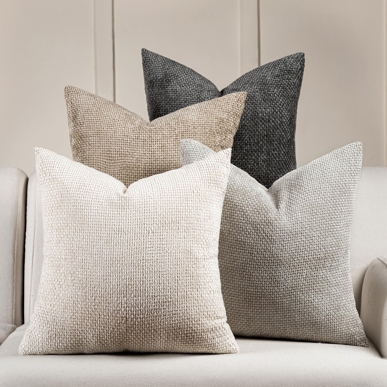 Volcanics Neutral Cushion Covers 45cm x 45cm Set of 4, Chenille Decorative Pillow Cases for Couch Sofa, Bedroom, Living Room
