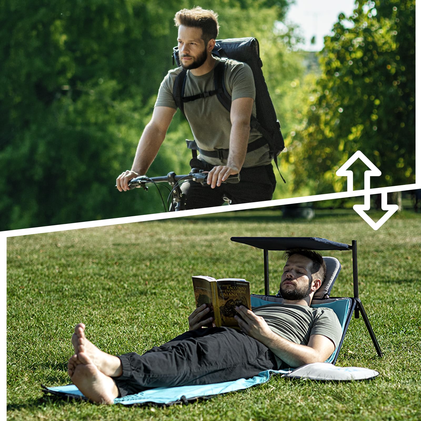 SunBack | Zaino 35 L Trasformabile in Lettino Prendisole con Parasole, Zaino 2 in 1 con Sdraio Pieghevole Integrata, Lettino da Spiaggia Portatile per Mare, Campeggio e Outdoor, Brevettato