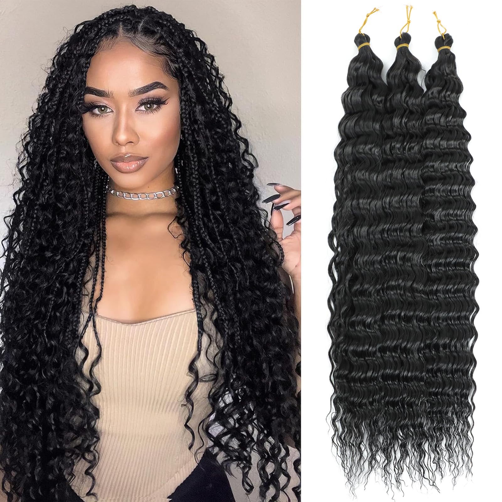 MLETULIPS Ocean Wave Crochet Hair Extensions Deep Wave Braiding Crochet Hair Soft Synthetic Curly Braiding Crochet Hair for Black Women (1B
