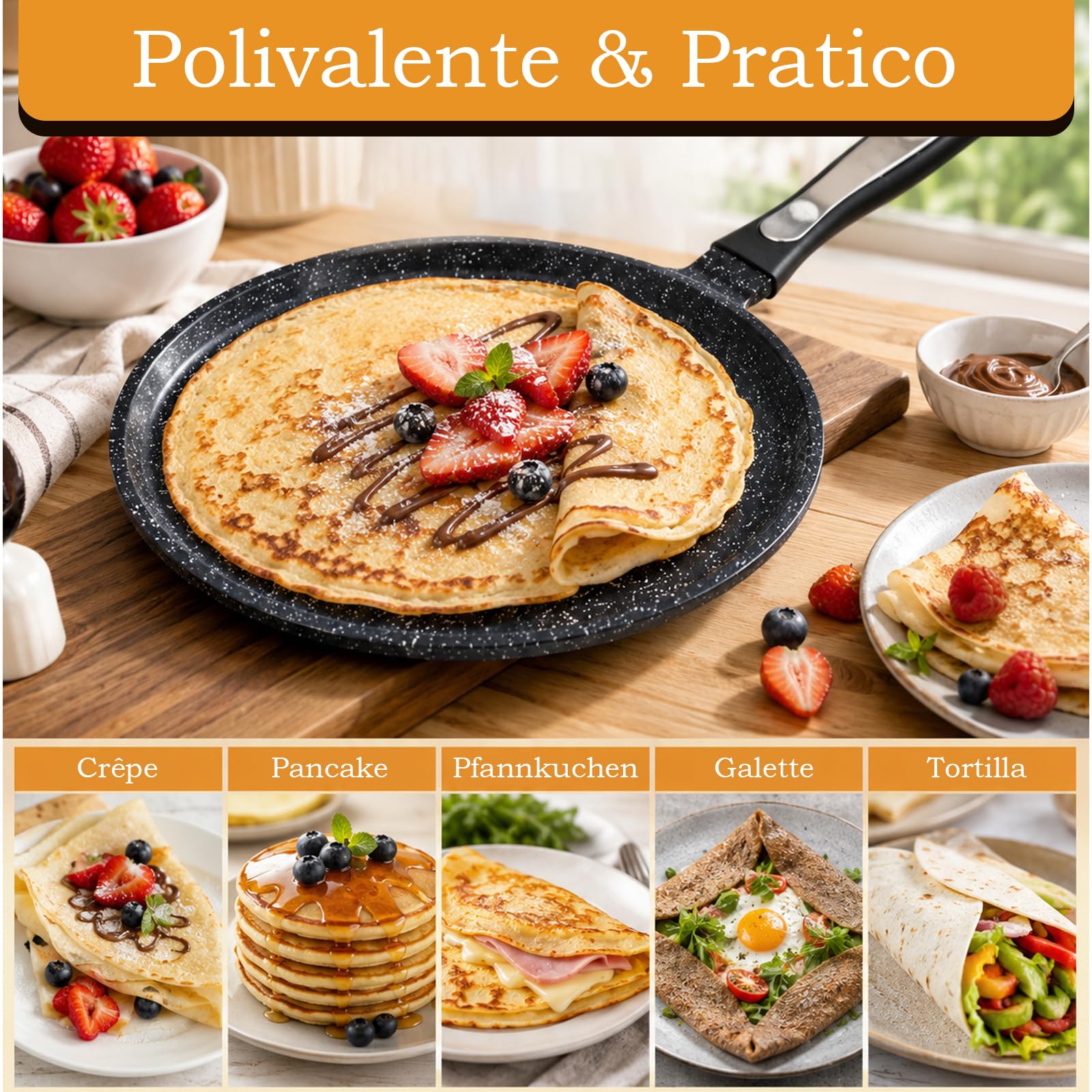 Padella per Crepes 24 cm a Induzione con Spargipasta in Legno Senza PFOA | Crepiera Induzione Antiaderente, Pentola per Crepes, Rivestimento Ceramico Germania, Compatibile con Tutti i Piani Cottura