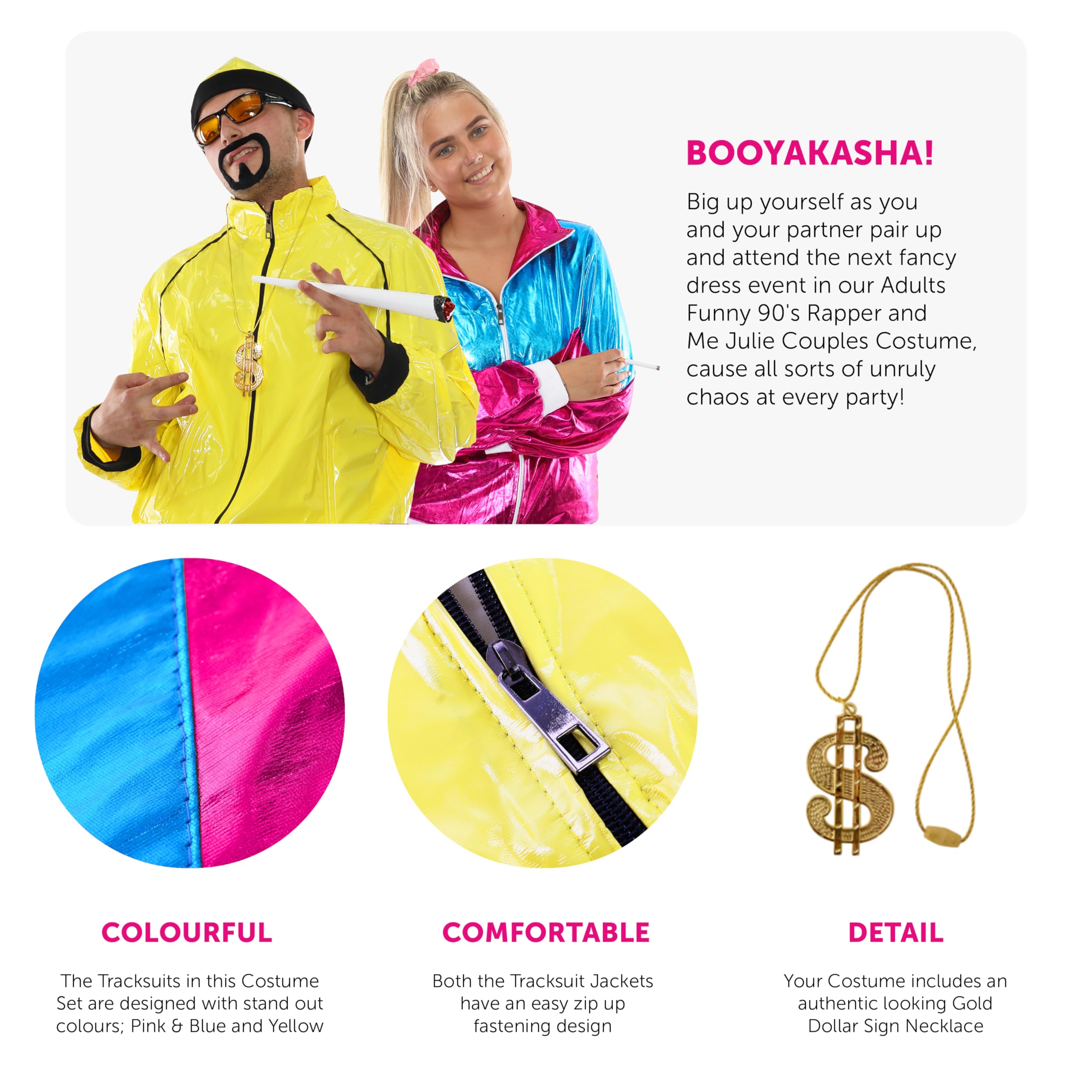 I LOVE FANCY DRESS Costume divertente da rapper & Me Julie per adulti anni '90 - tuta gialla, tuta rosa e blu, occhiali da sole gialli, pizzetto, catena del dollaro, spliff falso, scrunchie e