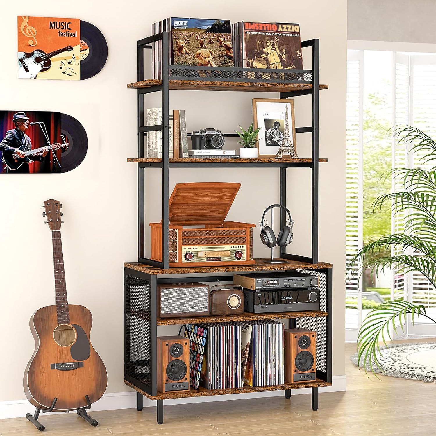 ikkle Large Record Player Stand with Vinyl Storage Shelf, 5-Tier Tall Record Player Table w/Display Shelf, Turntable Stand Vinyl Record Cabinet Organizer for Living Room Bedroom, Hold Up 400+ Albums