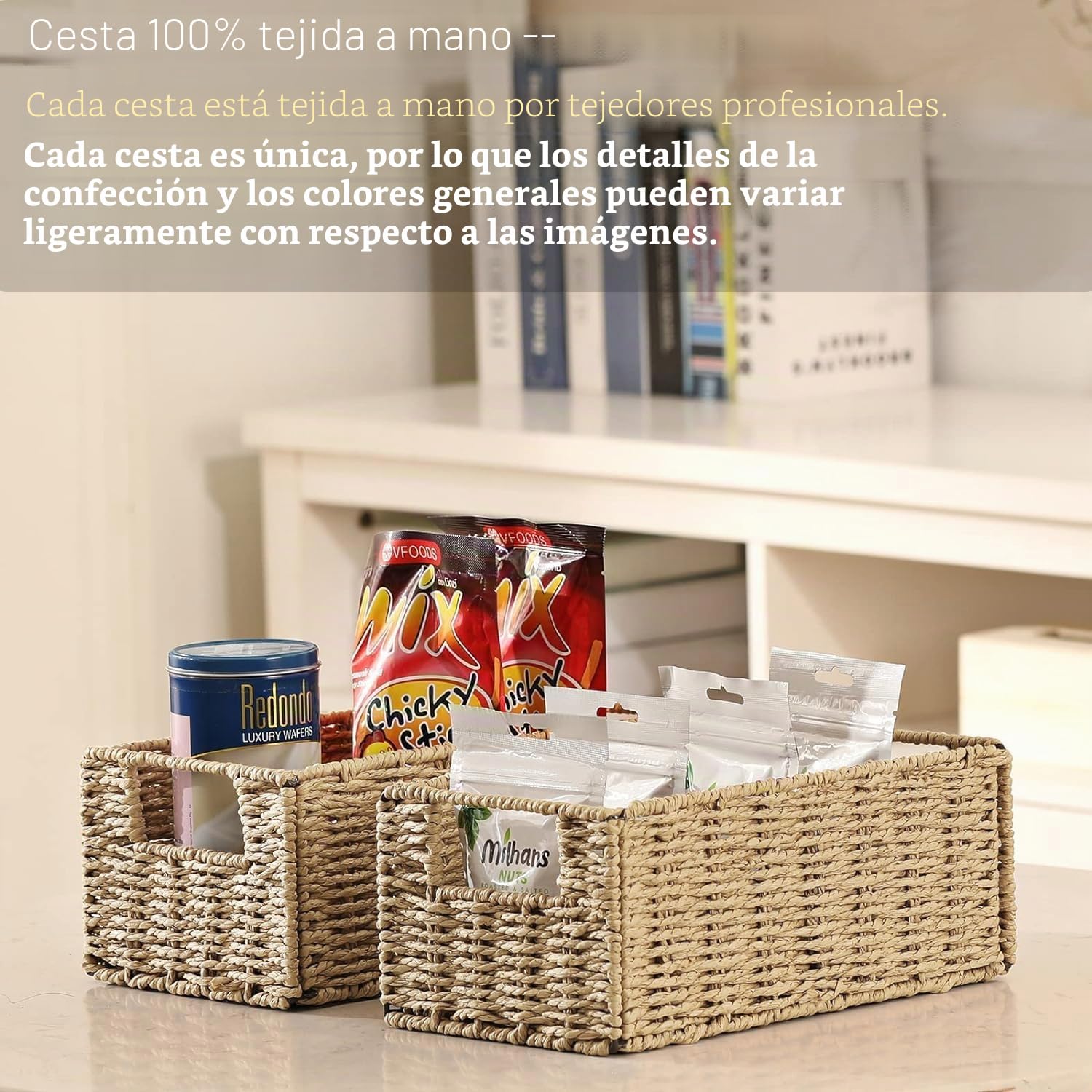 2 Cestas de Almacenaje, Cesta Mimbre Tejidas a Mano Rectangular 30x15x12cm, Cesta Plegable de Papel Jacinto de Agua, Cesto Decorativo para Baño Estanterías Kallax Cocina y Cosa Pequeñas