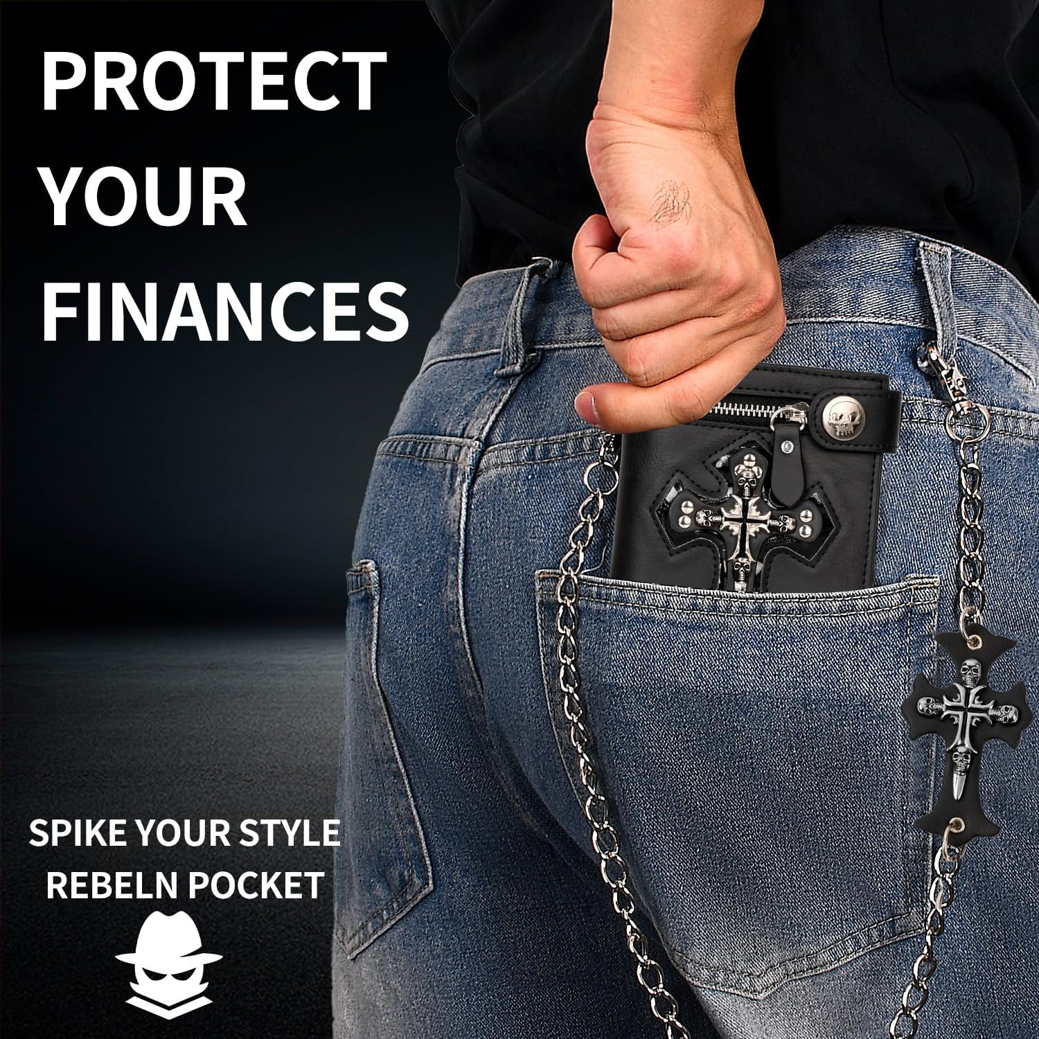 Unisex Black Cross Chain Wallet | Punk Skull Gothic Bifold Wallet for Jesus Gifts & Halloween Accessories - Image 2