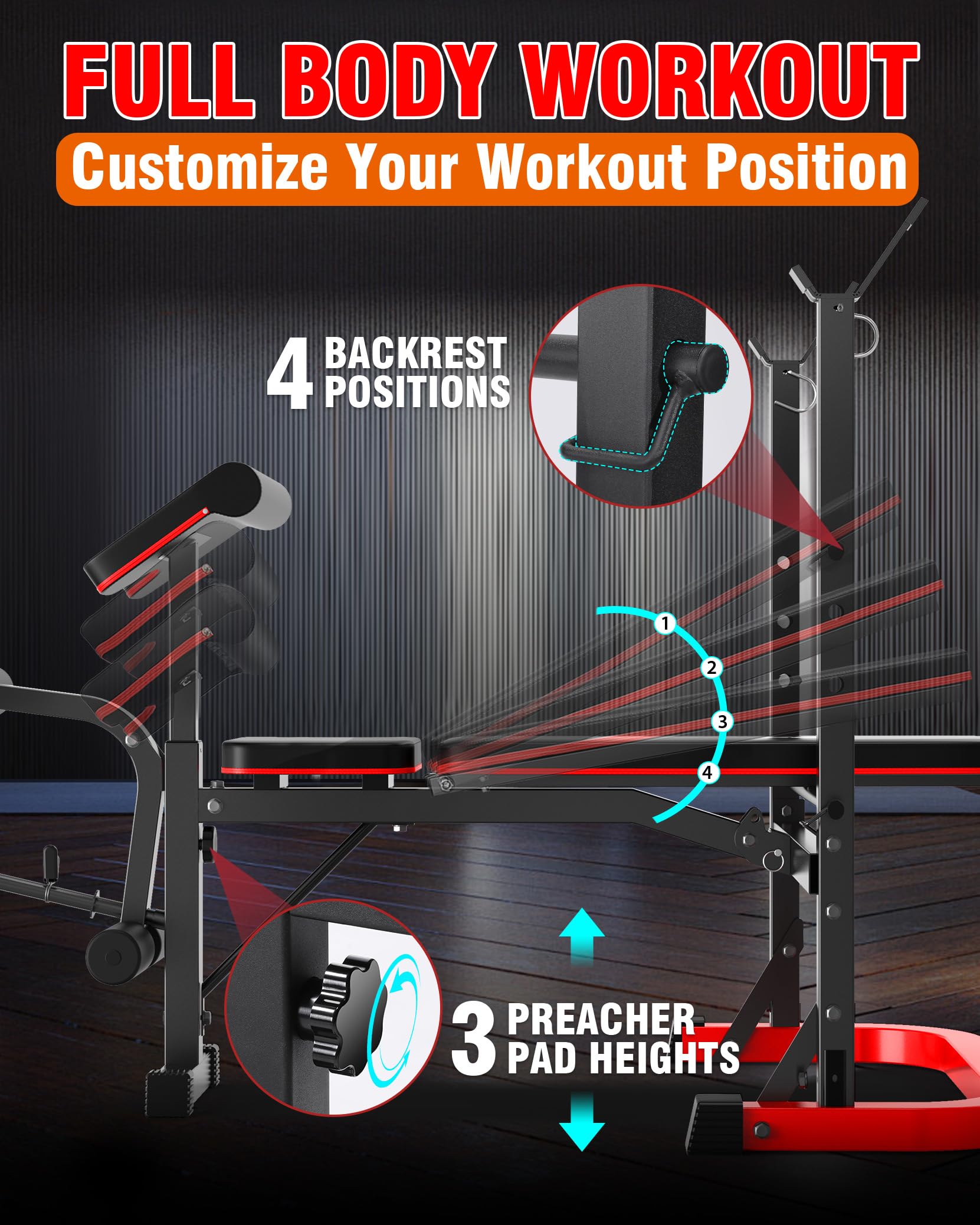 6 in 1 Weight Bench Set with Leg Extension and Leg Curl, 660 LBS Adjustable Bench Press Set with Preacher Curl Pad, Foldable Workout Bench for Home Gym, Strength Training for Teens/Adults