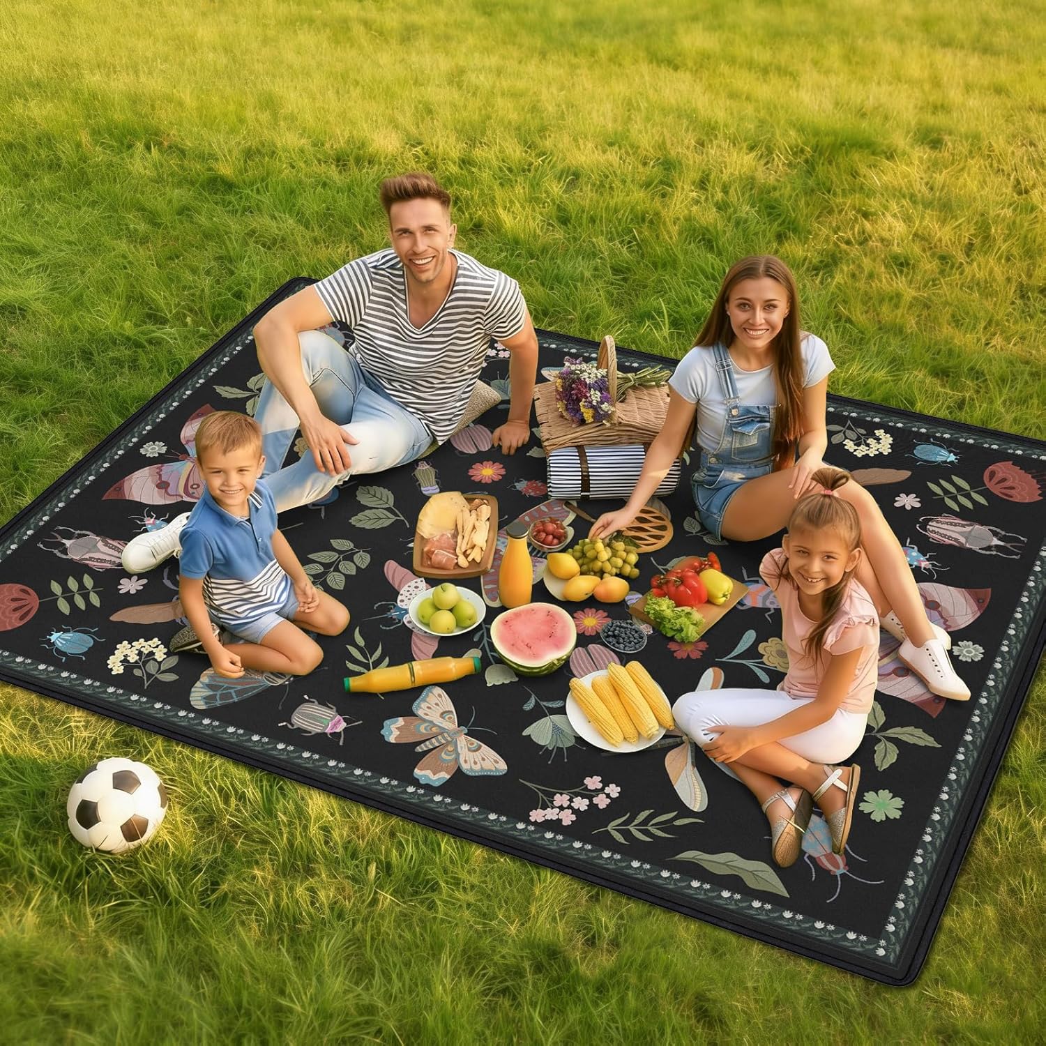 Insect Picnic Blankets Waterproof Foldable, 80″X80″ Extra Large Picnic Mat Boho Outdoor Blanket for Grass, Cute Packable Beach Blanket Sandproof Picnic Accessories for Camping Music Festival Park Lawn