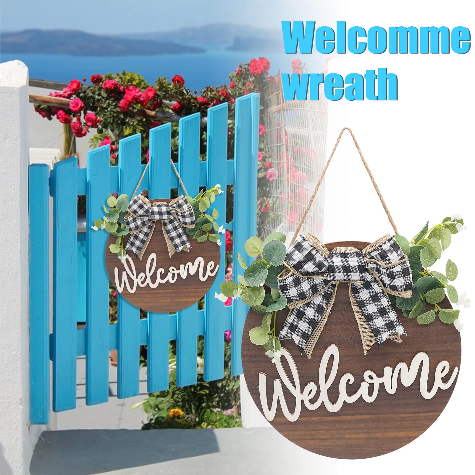 Letrero de Bienvenida Puerta Frontal Señal Madera Redonda Colgante Coronas de Bienvenida con Lazo y Flores para Casa de Campo Porche Decoración de La Puerta Delantera, 30 x 30 cm