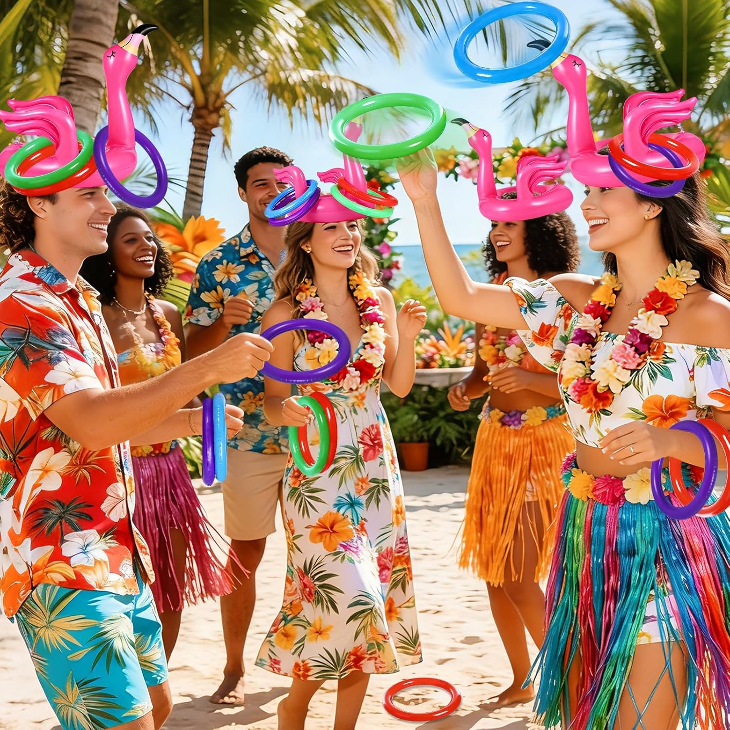 Camlinbo 15 Pcs Inflatable Flamingo Pool Toys Ring Toss Pool Game, Flamingos Luau Party Decor Hawaiian Beach Toys Carnival Outdoor Luau Party Games Supplies for Adults Family