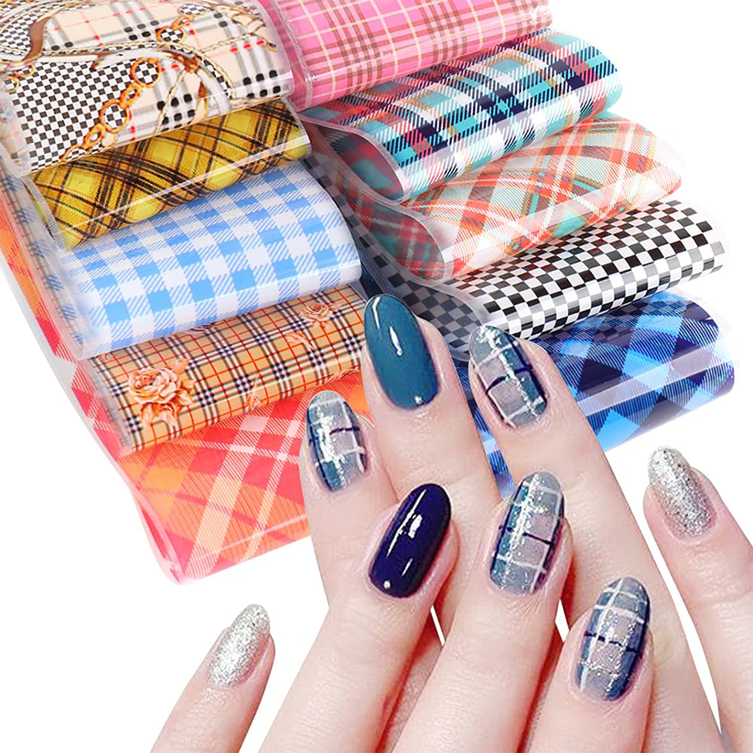 10 Sheets Buffalo Plaid Nail Stickers Decals, Nail Foil Transfer Adhesive Decals Multiple Colors Plaid Decals Foil Stickers Set for Women Manicure Tips Wraps Decorations