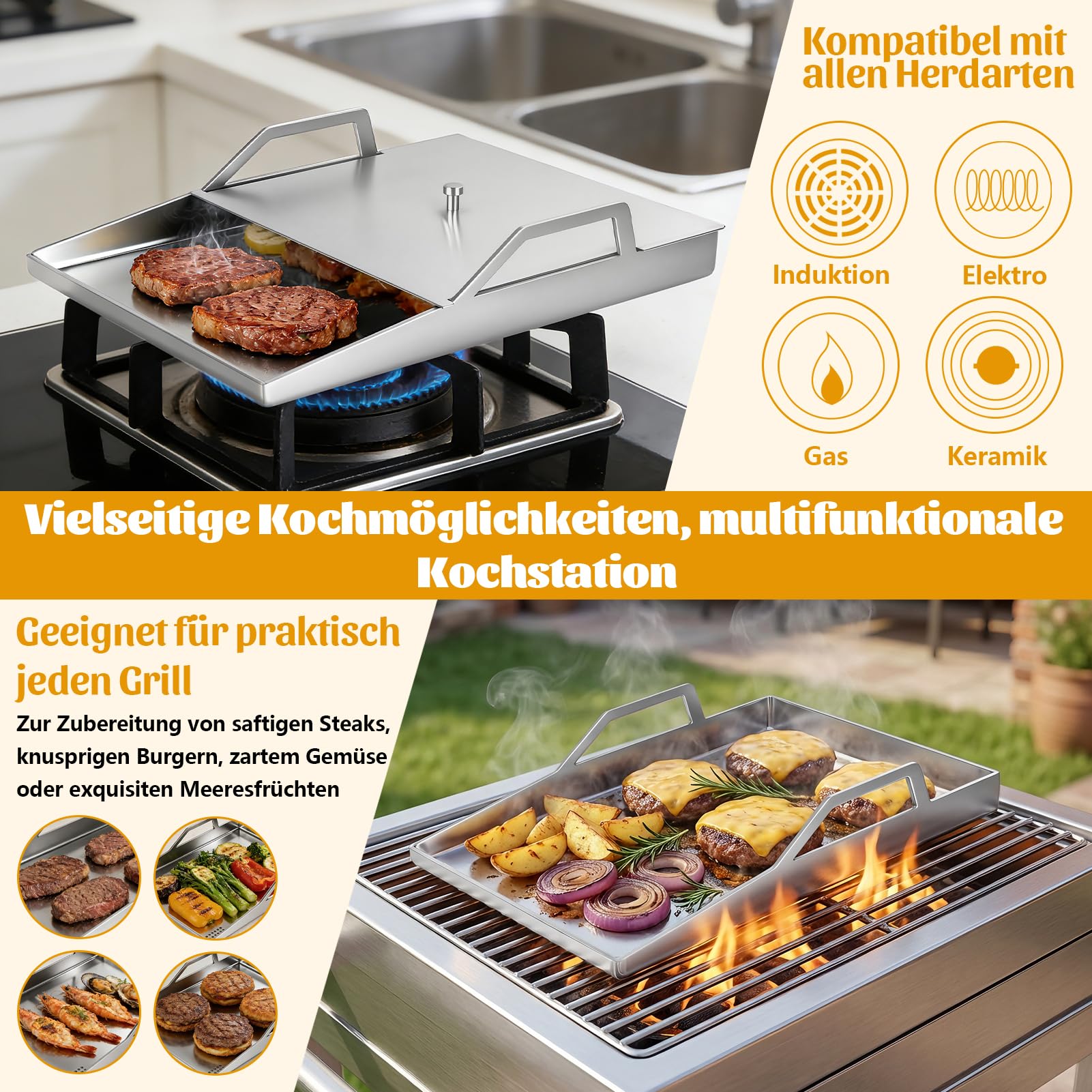 Edelstahl Grillplatte Plancha Universal 40x30 cm Gas Holzkohlegrill Anti-Stick | Grillschale für Kohle und Gasgrill Burger Spiegelei Grill Platte mit Deckel