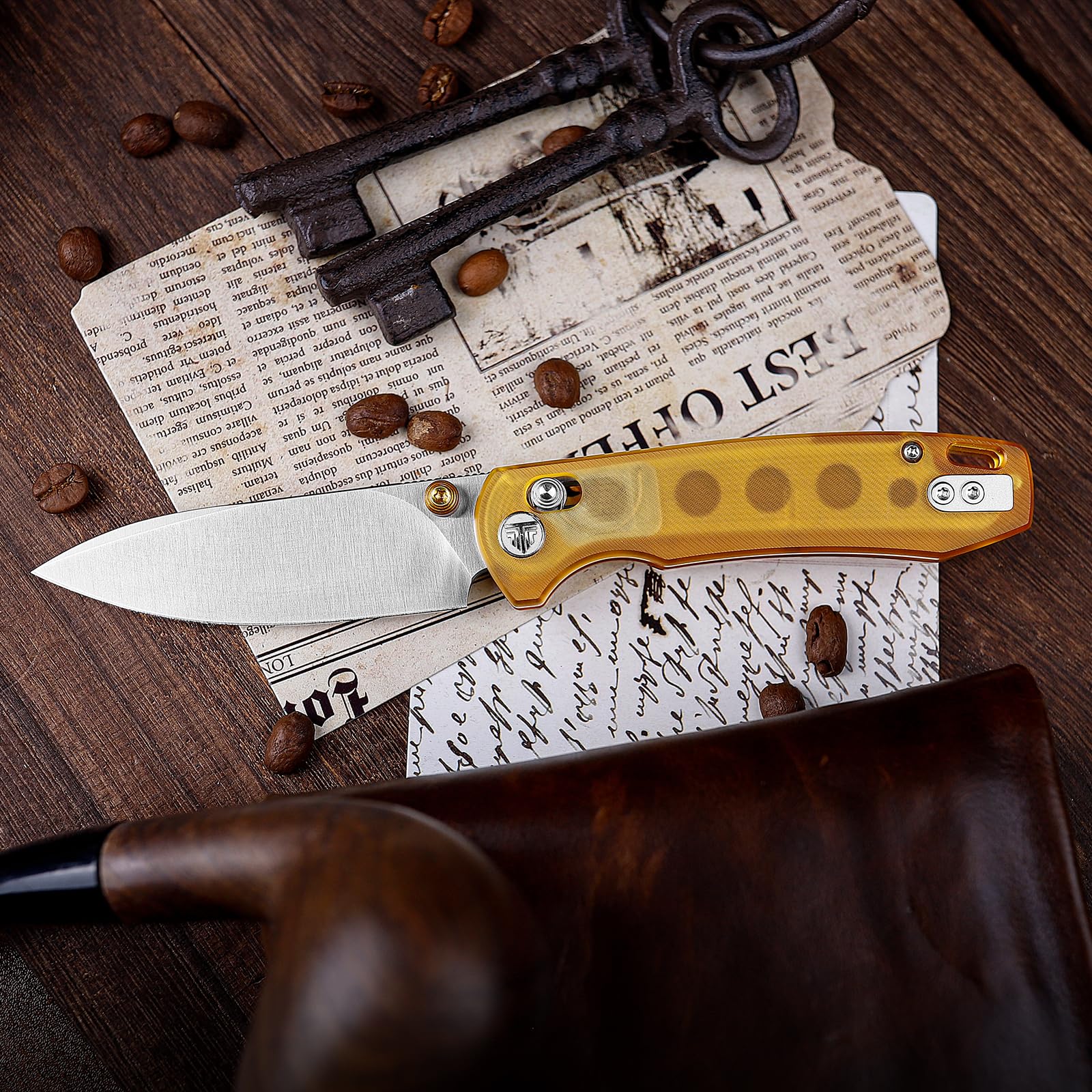 TRIVISA EDC Taschenmesser Klappmesser, 14C28N-Stahlklinge Rettungsmesser, Gelber Ultem-Griff Taschenmesser mit Gürtelclip, Outdoor-EDC-Messer für Camping, Jagd und Wandern, Dragonfly-YP