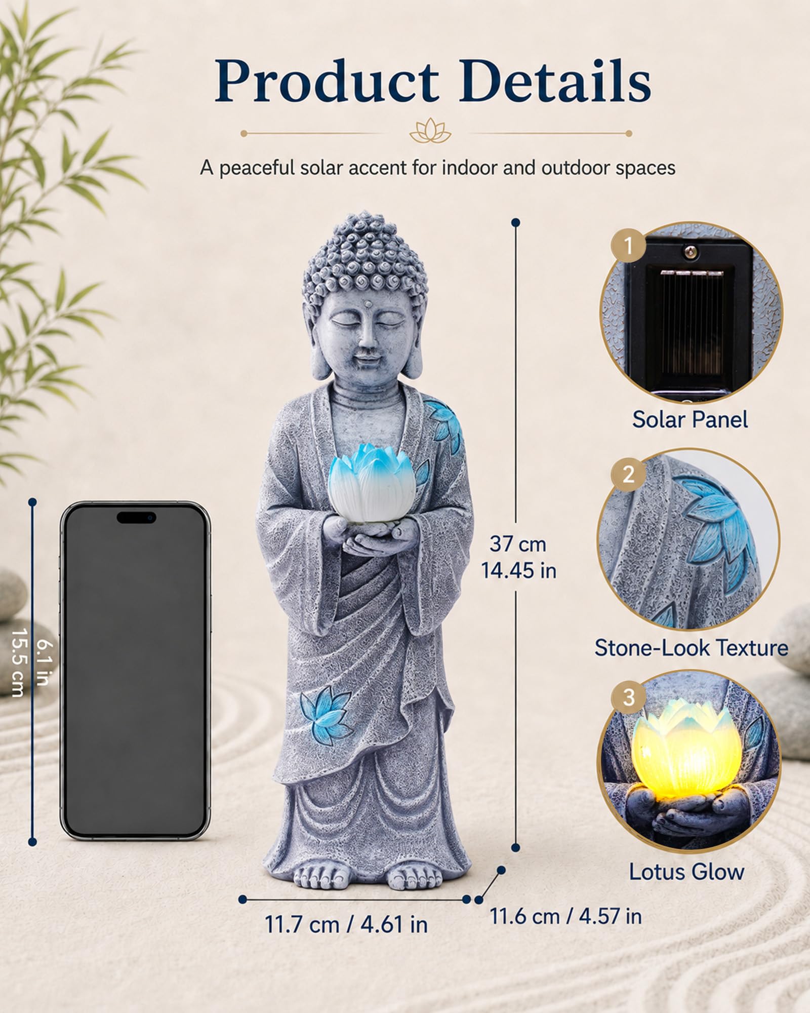 Yeomoo Statua di Buddha in piedi con luce solare LED loto, decorazione da giardino, resistente alle intemperie, decorazione per giardino, soggiorno, Feng Shui, spirituale, regalo per donne, mamma e