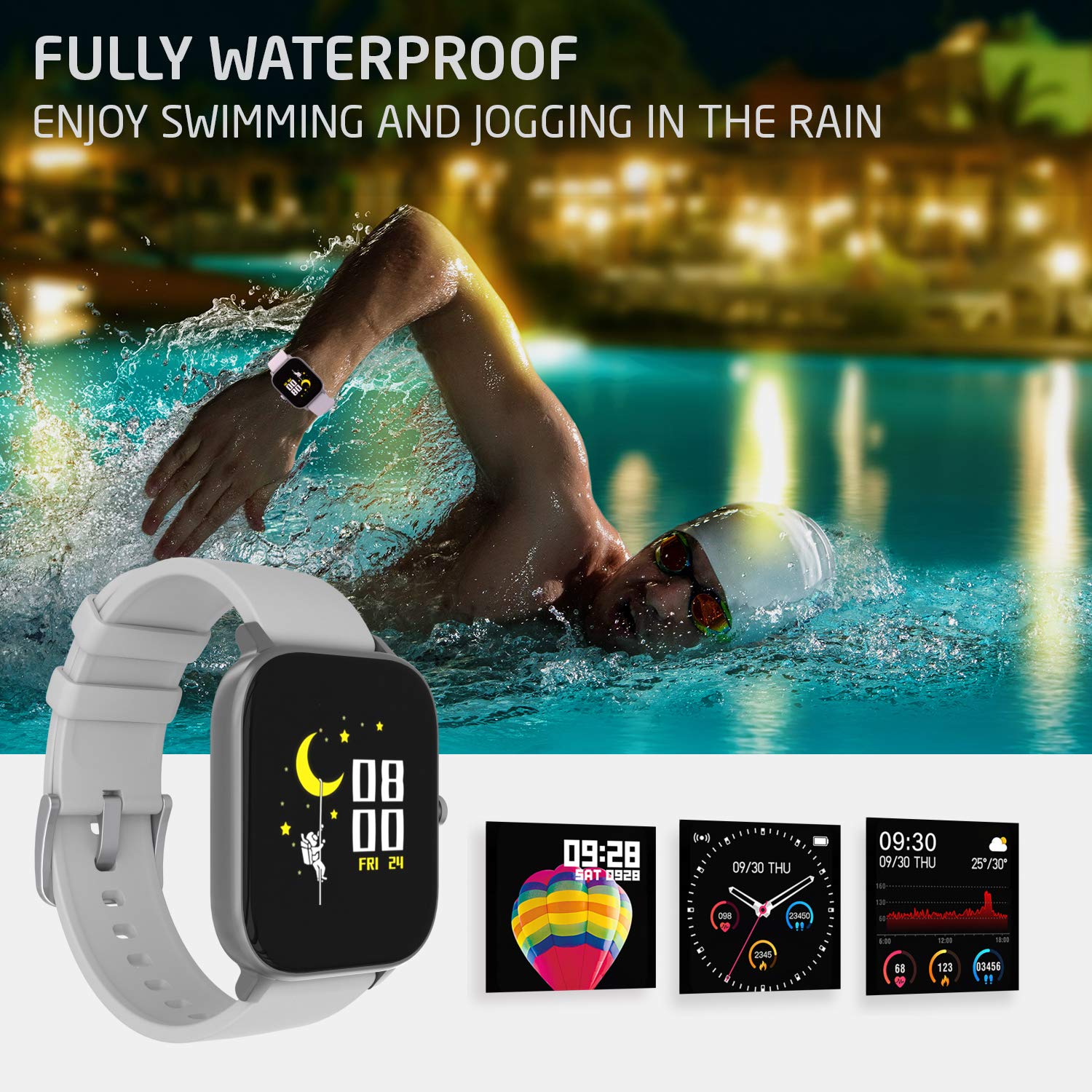 Person swimming while wearing the PowerLocus Smartwatch