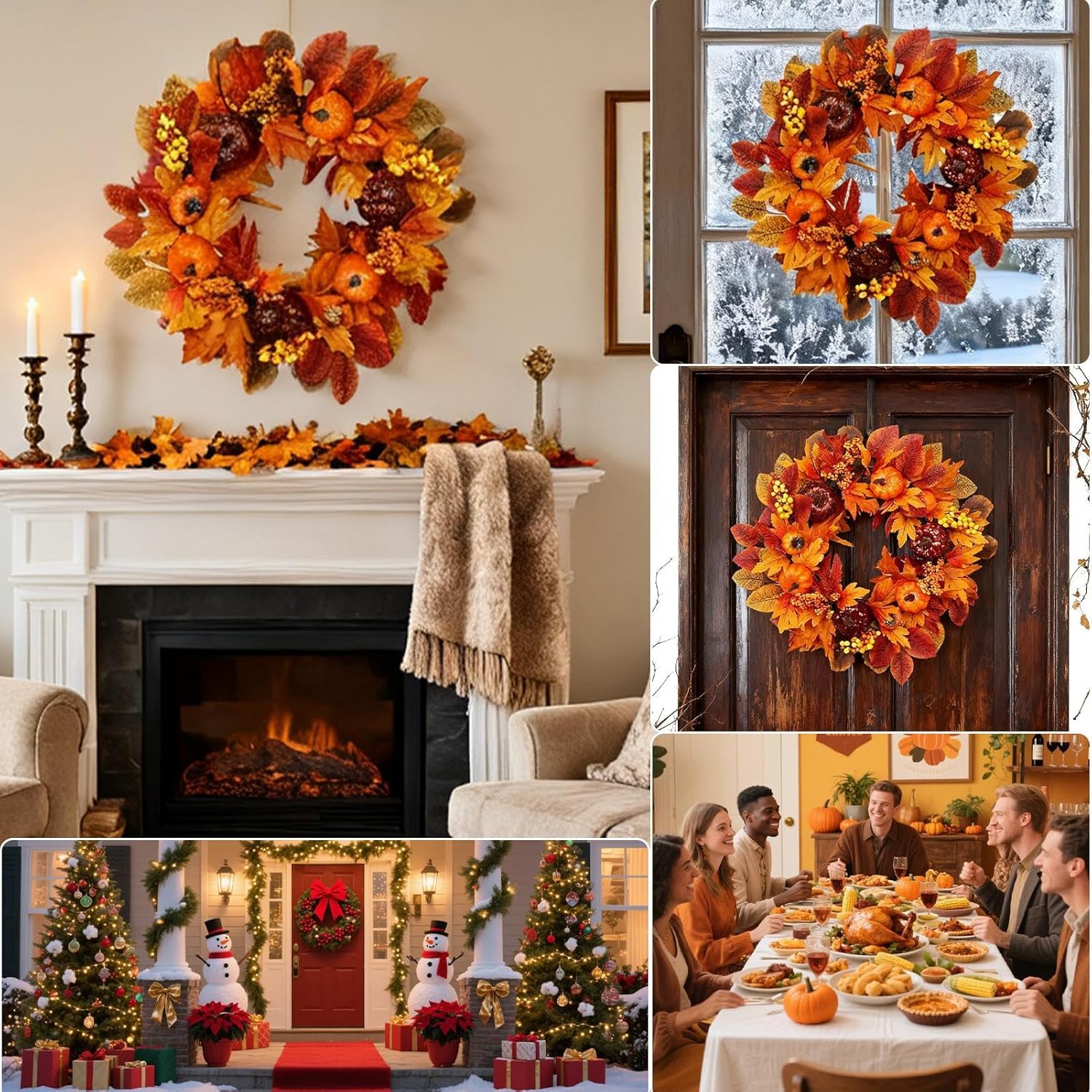 オータムリース | 18インチ 人工ガーランドデコレーション - カエデの葉 カボチャとベリーの人工リースデコレーション 秋 農家