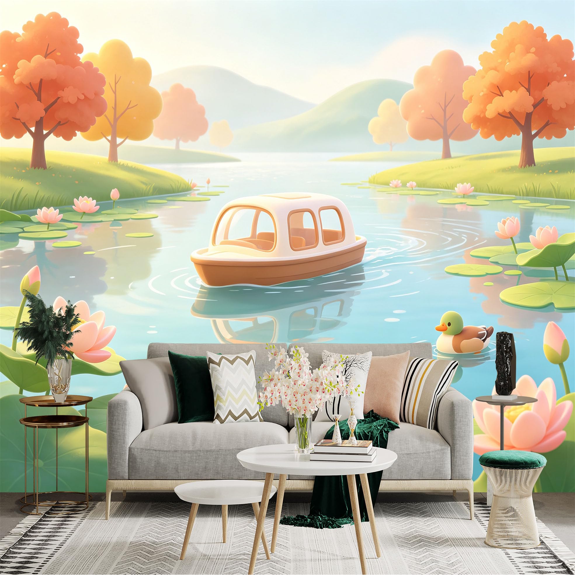 Custom Size Wall Sticker Mural， Peaceful Lake with Small Boat， Lotus Flowers， Ducks Swimming， Autumn Trees， for wall Decoration， peelandstick wall Decals.
