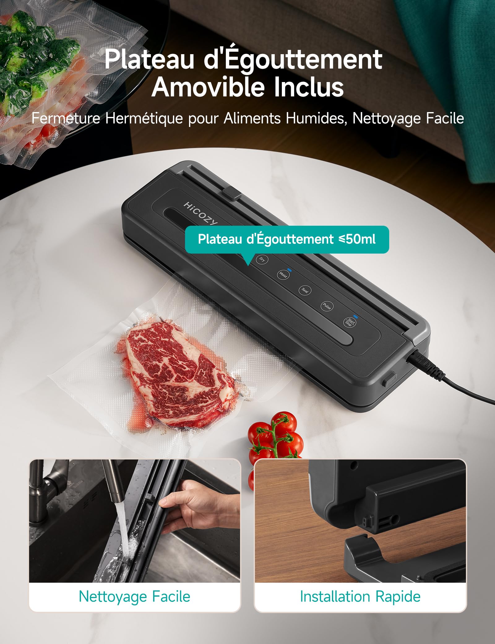 HiCOZY H600 Machine Sous Vide Alimentaire Automatique, Scelleuse Sous Vide avec Double Scellage Puissant, Modes Automatiques 5 en 1 pour Aliments Secs et Humides, Coupe-film Intégré, Gris