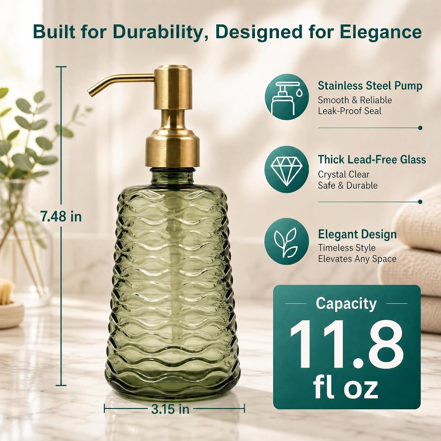 Glass Soap Dispenser with Brushed Gold Stainless Steel Pump Vintage Wavy Green Glass Refillable Hand Soap Bottle 11.8 oz for Bathroom & Kitchen Countertop(Green)