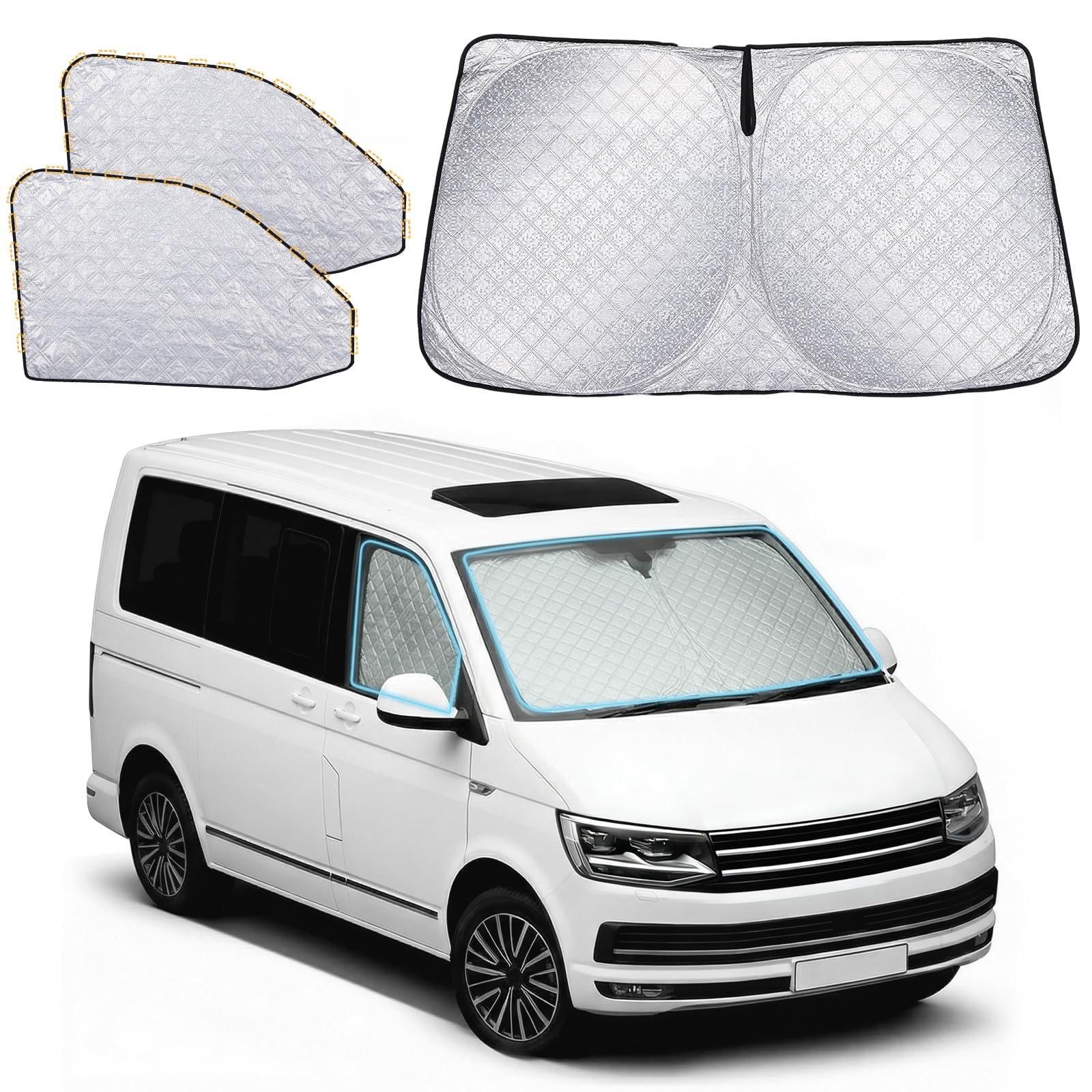 XCBYT Sonnenschutz Auto für VW T5 T6 Frontscheibe & Seitenscheibe - 3er | Perfekte Passform, 6-lagiger Stoff, Windschutzscheibe Verdunkelung, Schützt Privatsphäre, Innen Faltbare