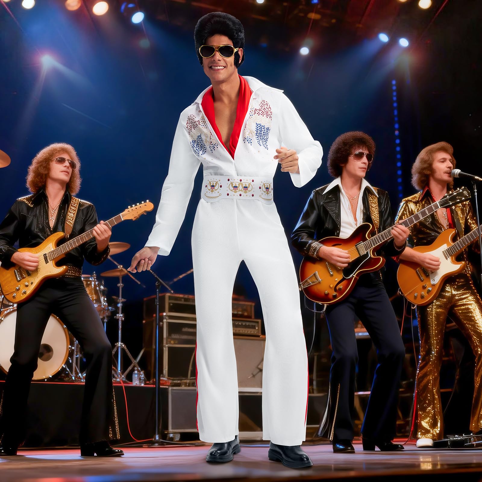 Ulikey Disfraz Elvis Presley Adulto, Disfraz Disco Hombre de Años 70 con Peluca de Elvis, Gafas de Sol, Micrófono, Bufanda Roja Disfraz de Rey Rock Hombre para Carnaval