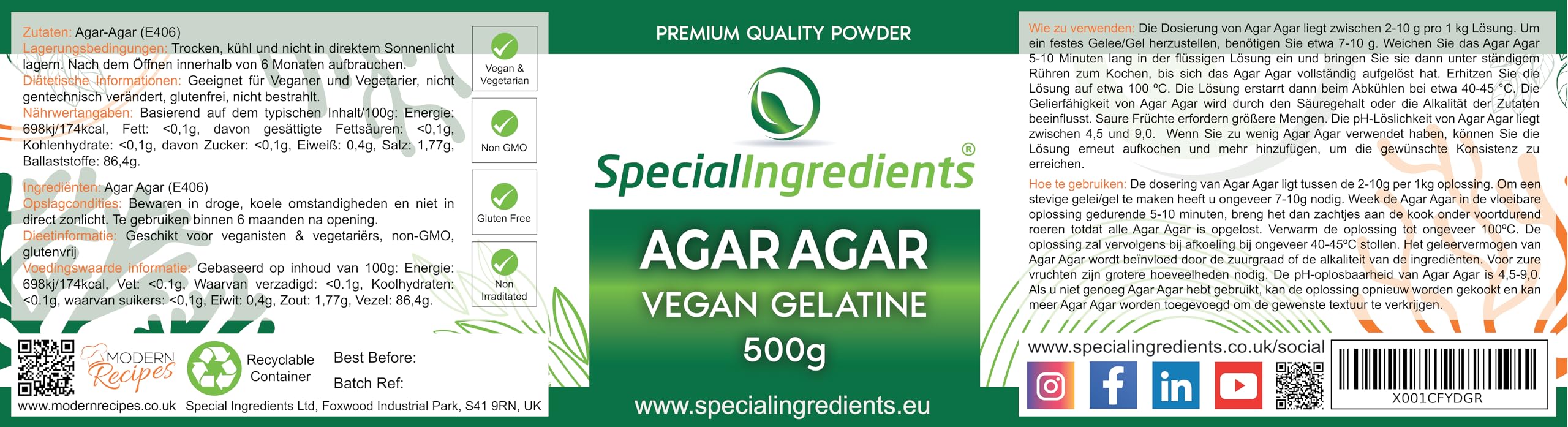 Special Ingredients Agar Agar 500g Höchster Qualität, Vegan Gelatin, GVO-frei, Glutenfrei, EU-Ursprung