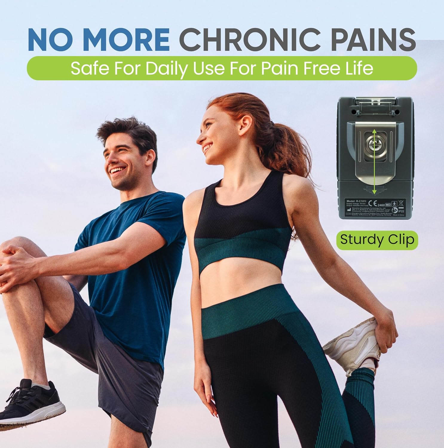 Four images showing electrode placement on different body parts: upper leg, knee, lower leg, and ankle, demonstrating how to relieve pain in various areas.