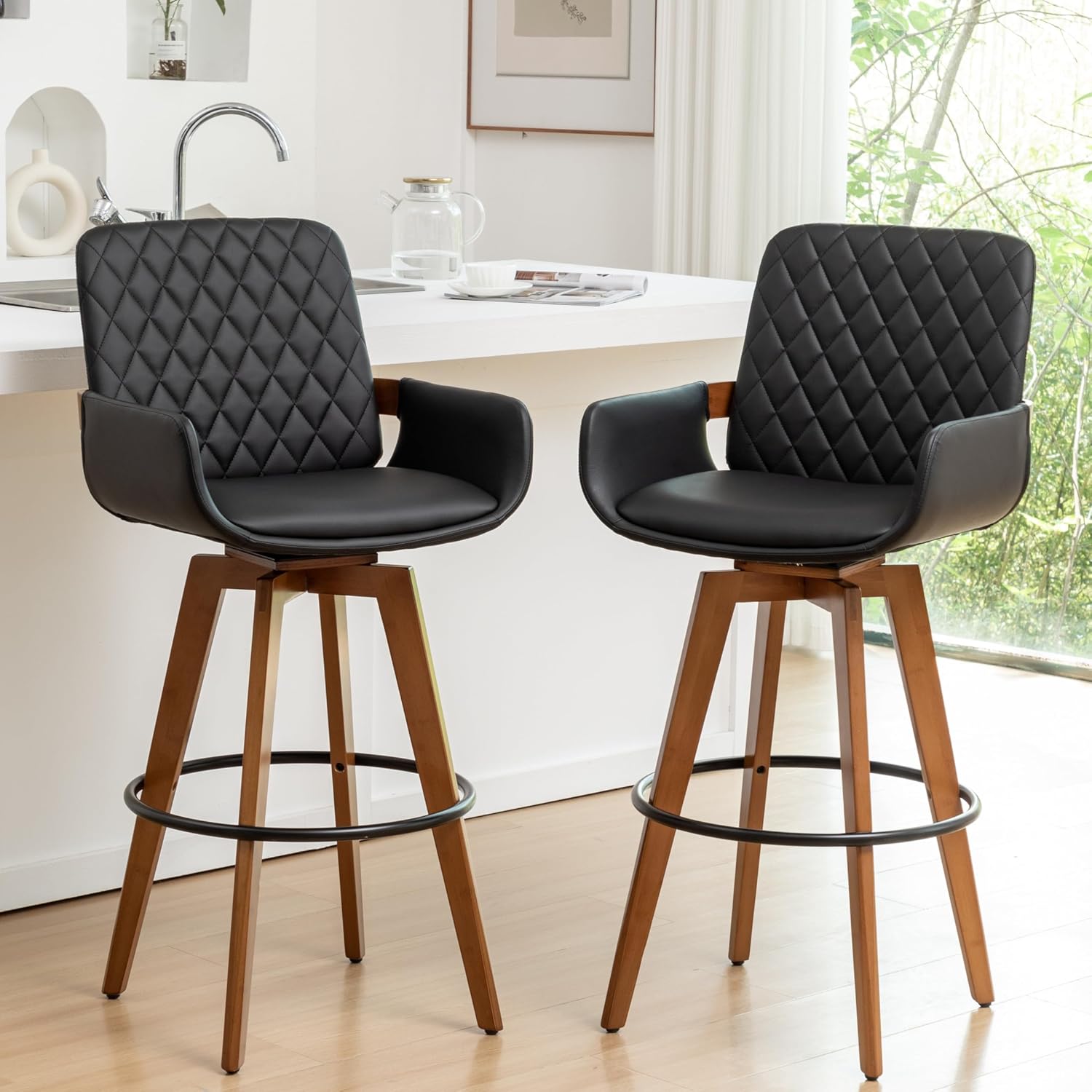 Counter Height Bar Stools Set of 2, Swivel 26 Inch Mid Century Modern Upholstered Counter Stools for Kitchen Island/Counter, Green