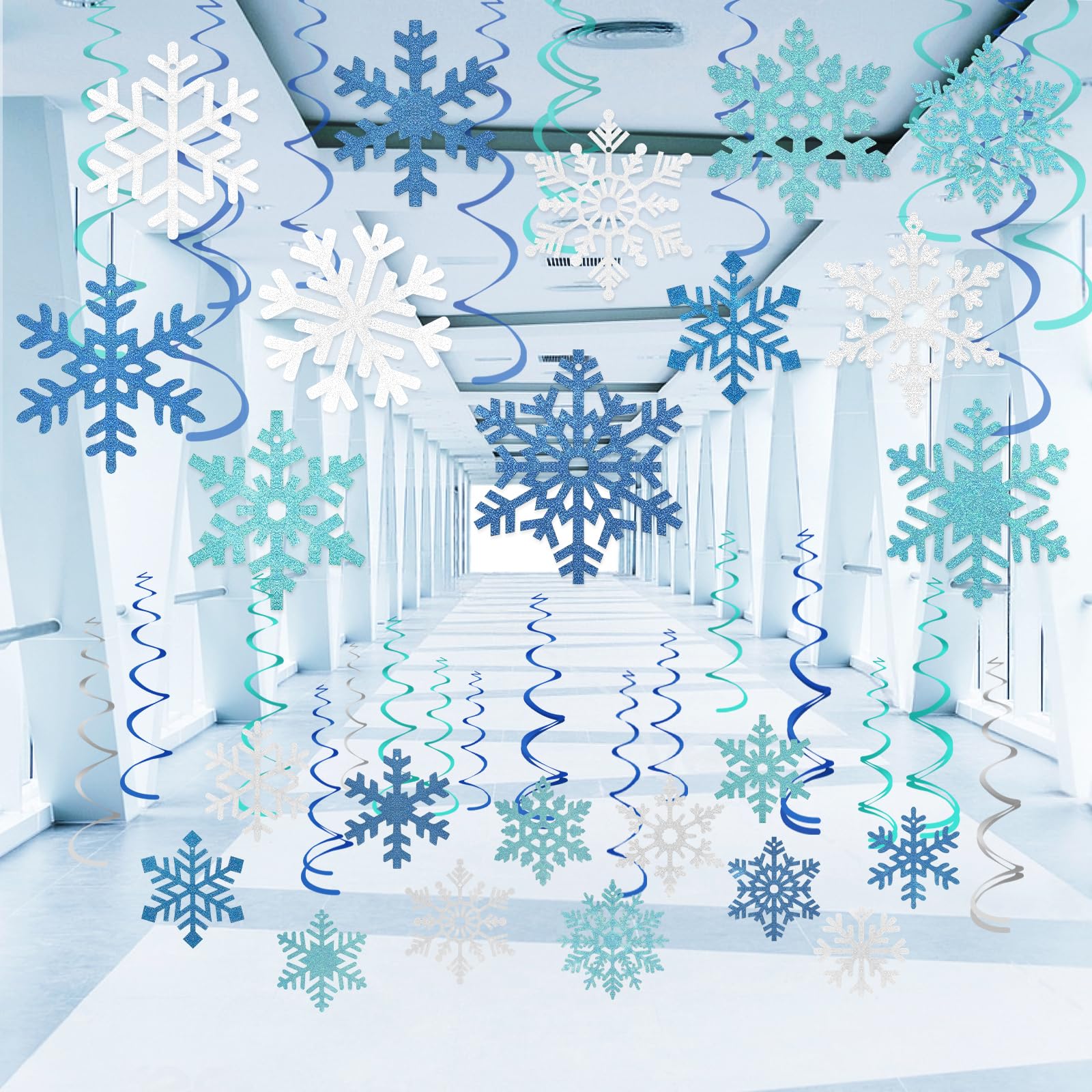 Kukkume Blue 36 Pcs Christmas Ceiling Decorations Snowflake Christmas Hanging Swirls And Silver Hanging Snowflake Decoration For Winter Wonderland Xmas New Year Holiday Party Supplies