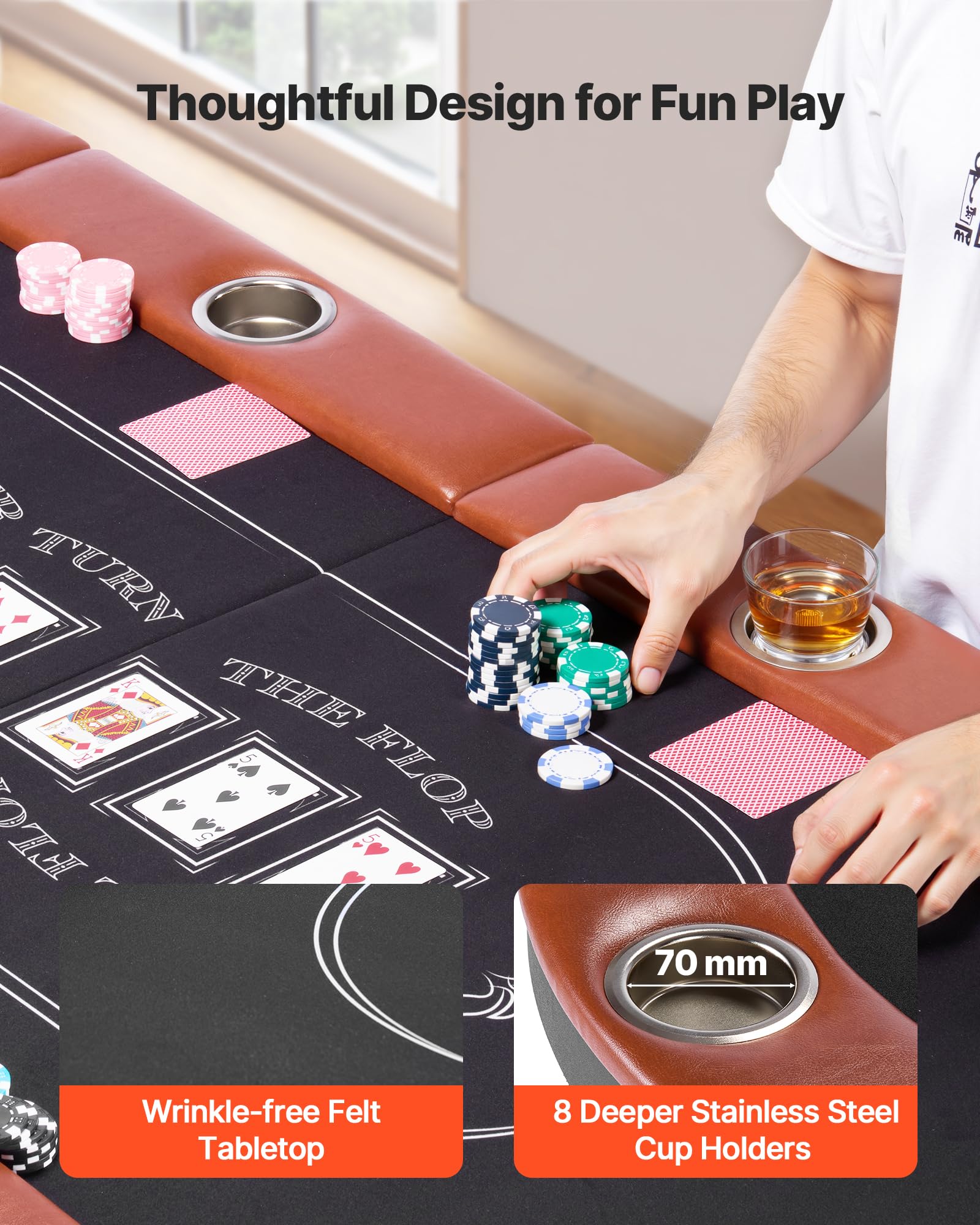 VEVOR Mesa de Póker Plegable de Casino, para 8 Jugadores con Rieles Acolchados y Portavasos, Portátiles Ovaladas, con Patas de Fieltro y Metal, para Texas Hold'em y Blackjack, 1830 x 820 x 720 mm