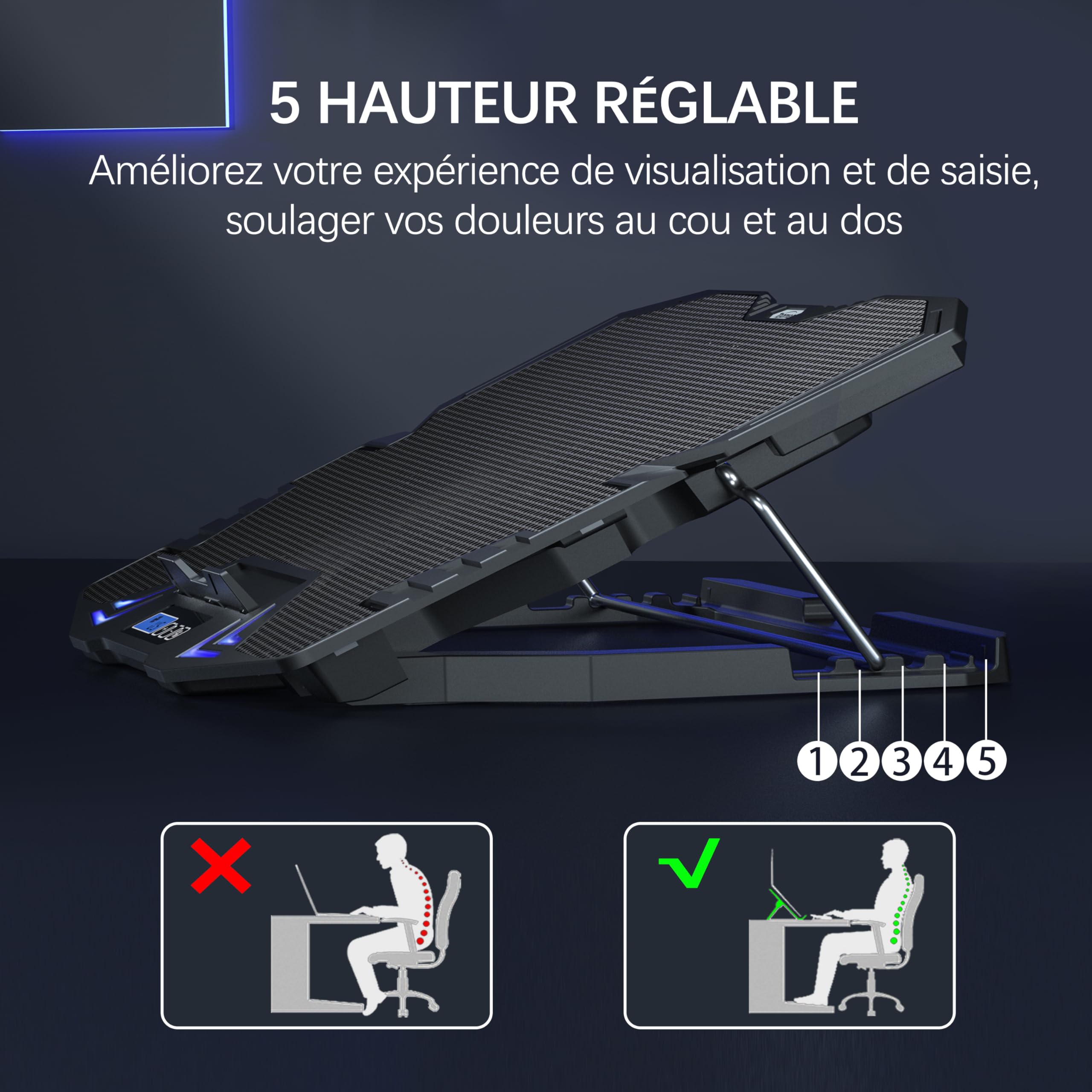 TopMate C5 Base de Refroidissement PC Portable Gamer 10-15,6 Pouces, 5 Ventilateurs Silencieux, LED Bleue, Contrôleur LCD