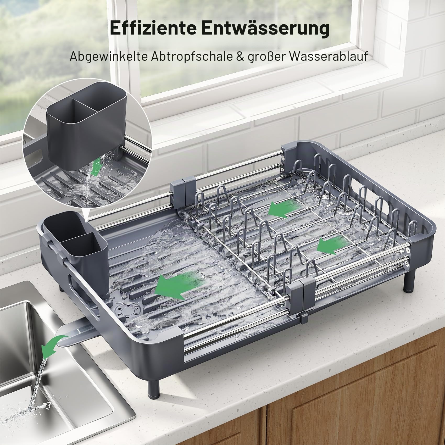 SAYZH Abtropfgestell, Erweiterbar (33,5 CM-50 cm) Geschirrabtropfgestell, Edelstahl Abtropfgestell Geschirr mit Utensilienhalter Becherhalter für Küchentheke Spüle Organizer(Grau)
