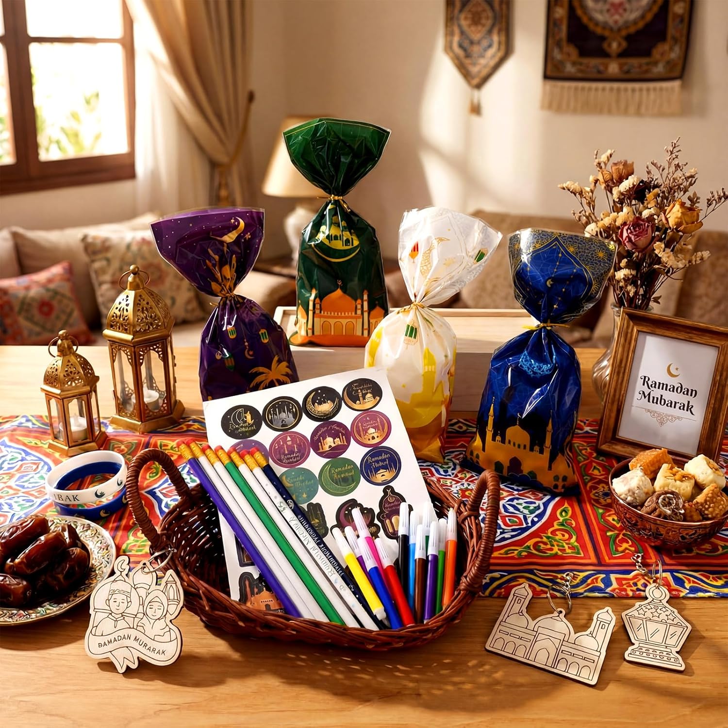 BreezeHug 141 Pcs Ramadan Mubarak Gifts Includes Ramadan Pencils Silicone Wristbands Islamic Stickers Eid Cellophane Gift Bag Colored Pencil Wooden Hanging Ornaments for Mubarak Party Gifts Supplies - Image 2