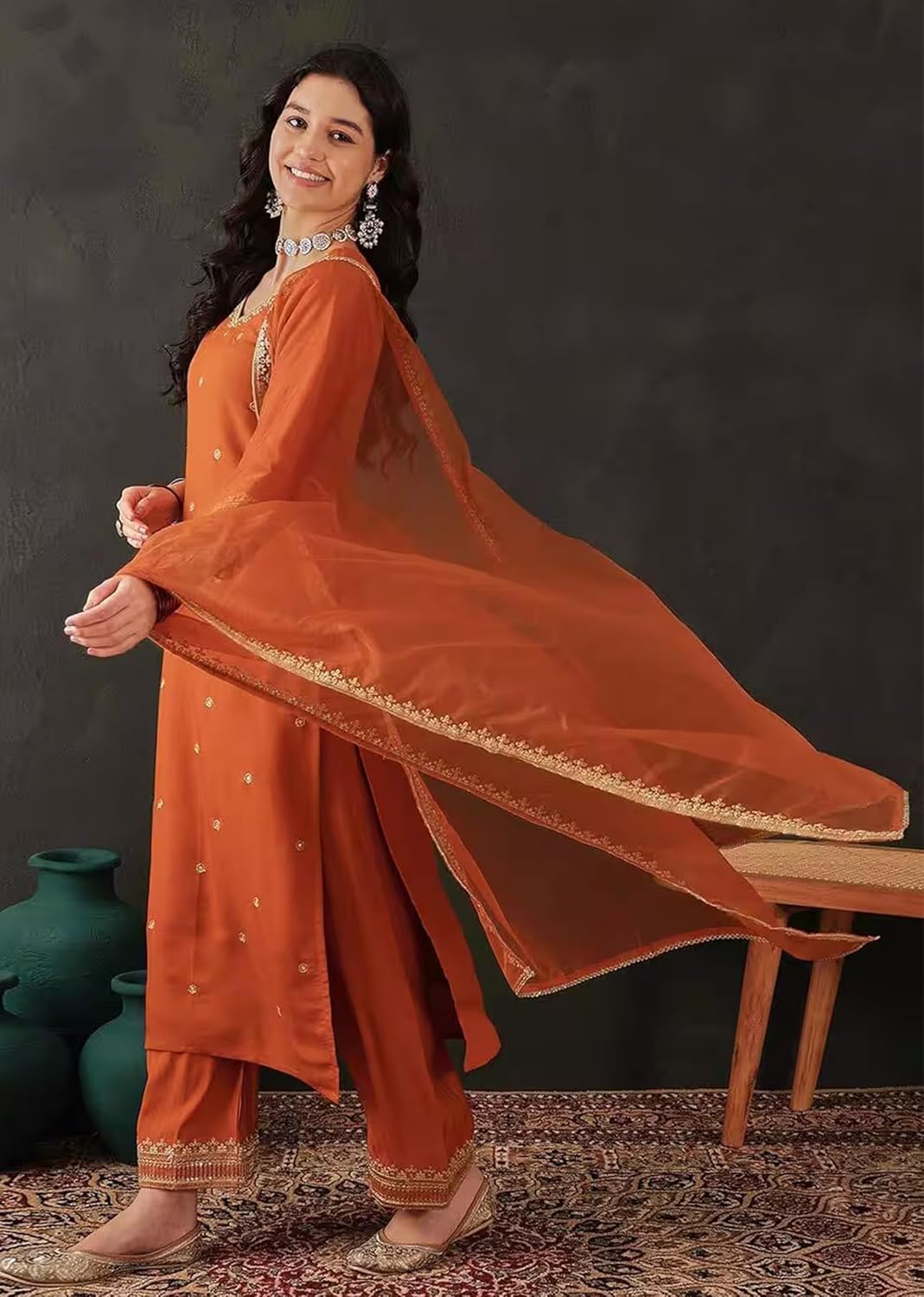 TRENDMALLS Women's Chanderi Silk Embroidery Sequence Work Kurta Pant with Organza Dupatta Set