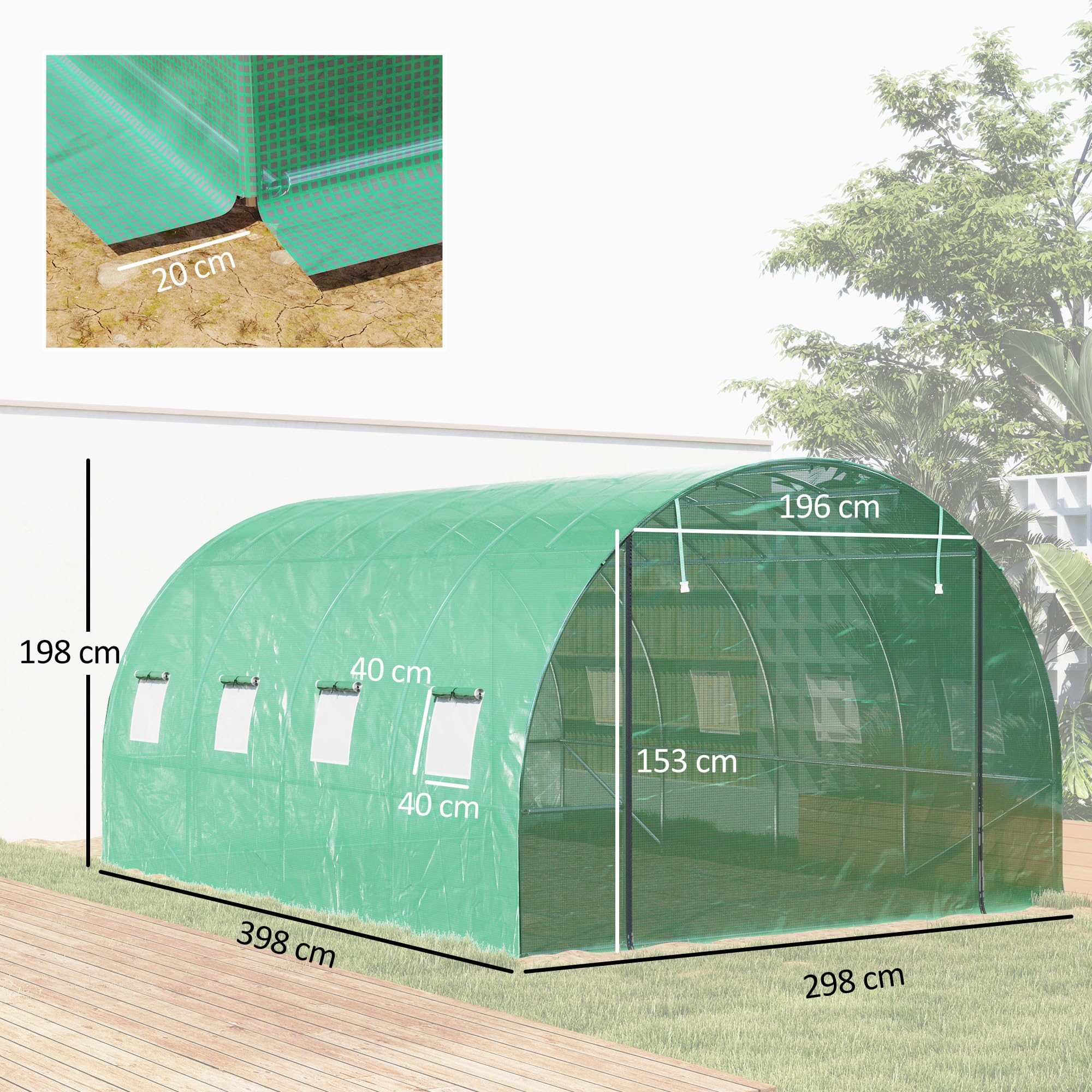 Outsunny Gewächshaus 300x400x200cm Foliengewächshaus Tomatenhaus mit Tür, 8 Fenster, Folientunnel aus verzinktem Stahl, 170g/m² PE, stabiles pflanztunnel, Treibhaus inkl. Erdanker & Seilen, Grün