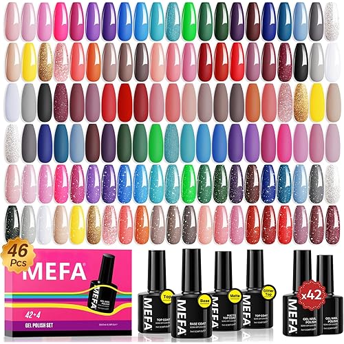 MEFA 47 PCS Gel Nail Polish Kit, 42 Colors Collection Pink Purple Colorful Gel Polish Set with 5 Pcs Base and Glossy/Matte/Glitter Top Coat DIY Manicure Art at Home Gifts for Women